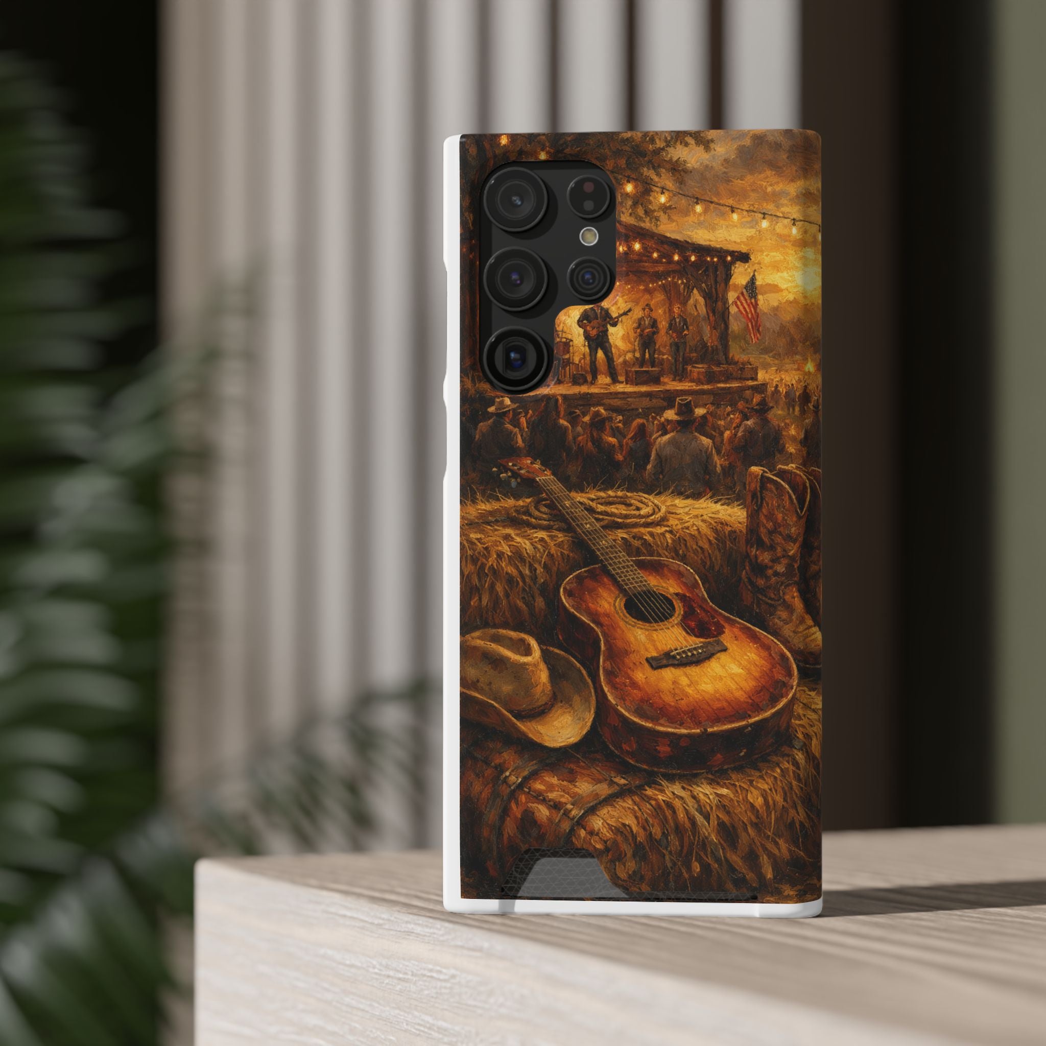 Country Music Guitar Phone Case with Card Holder — Rustic Concert Scene