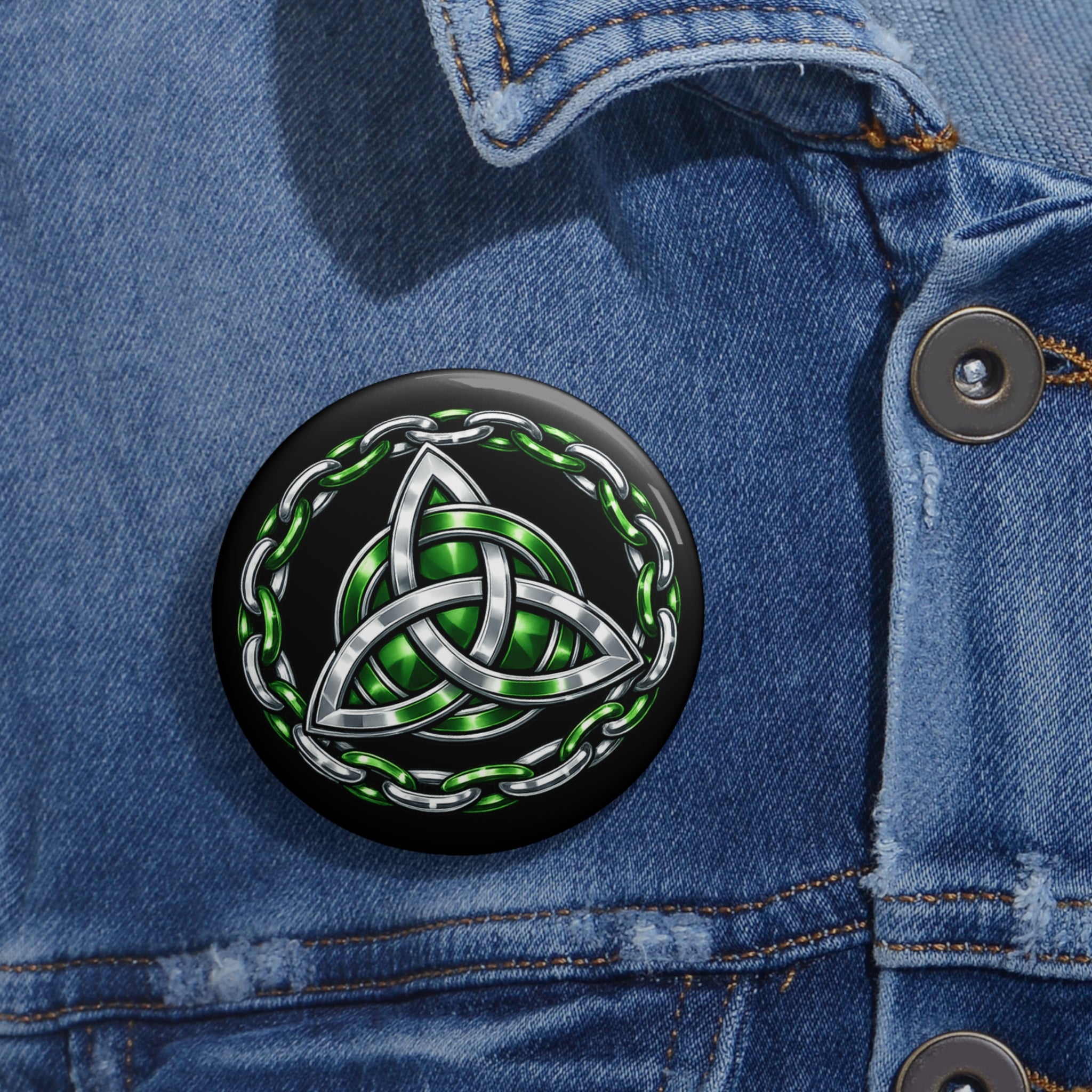 Celtic Trinity Knot Pin Button — Green Chain Pagan Paganism Lapel Badge