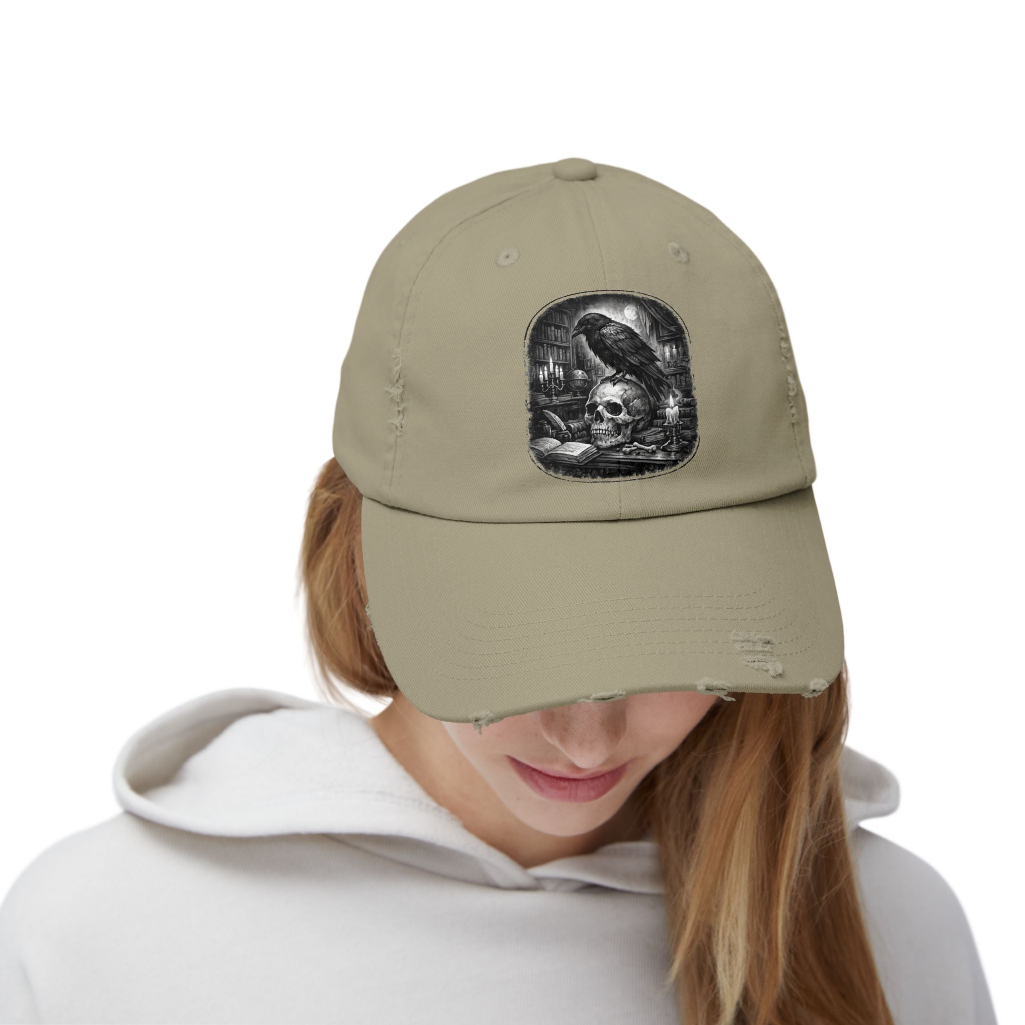 Distressed Raven & Skull Cap — Gothic Vintage Baseball Hat
