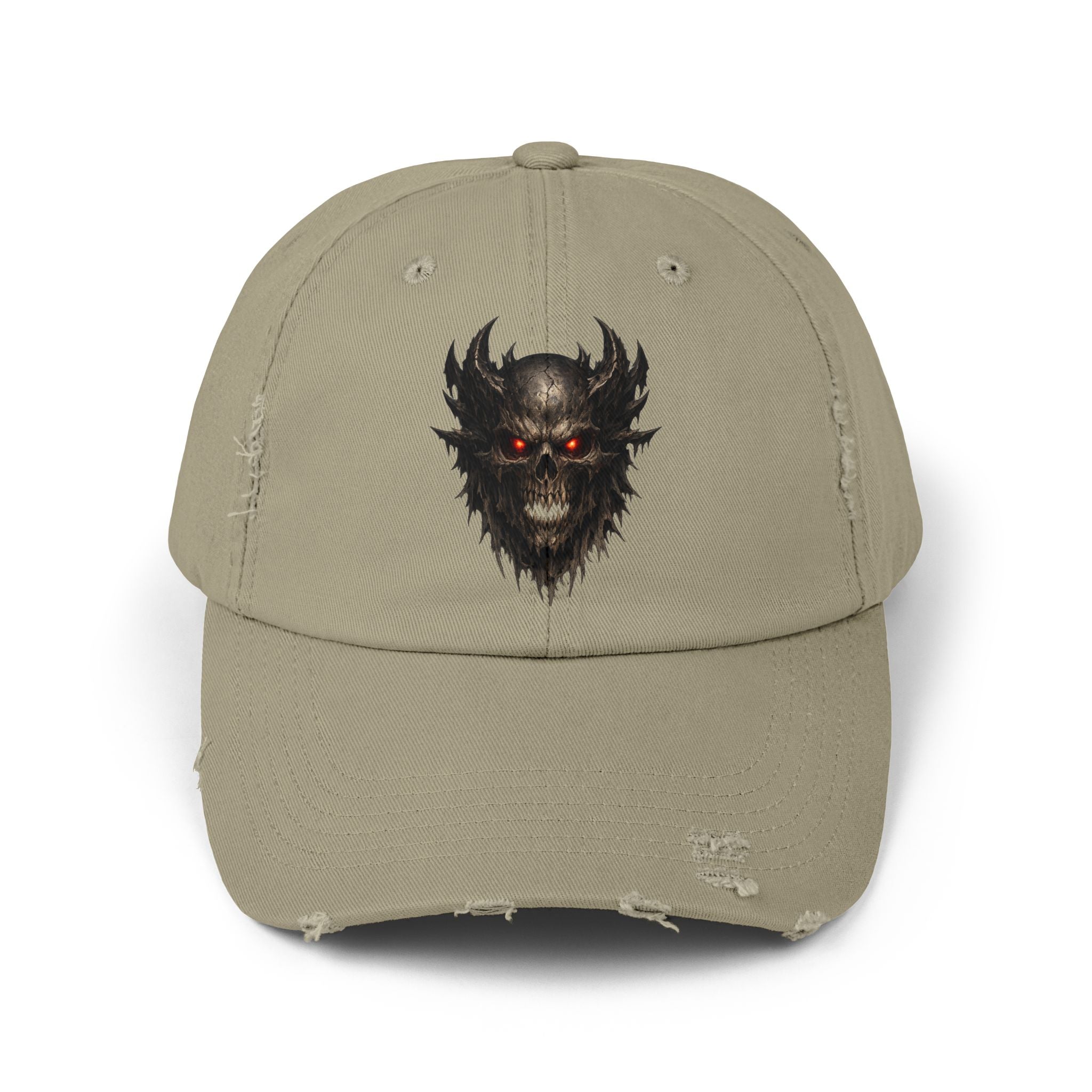 Distressed Skull Cap with Glowing Red Eyes — Gothic Demon Hat
