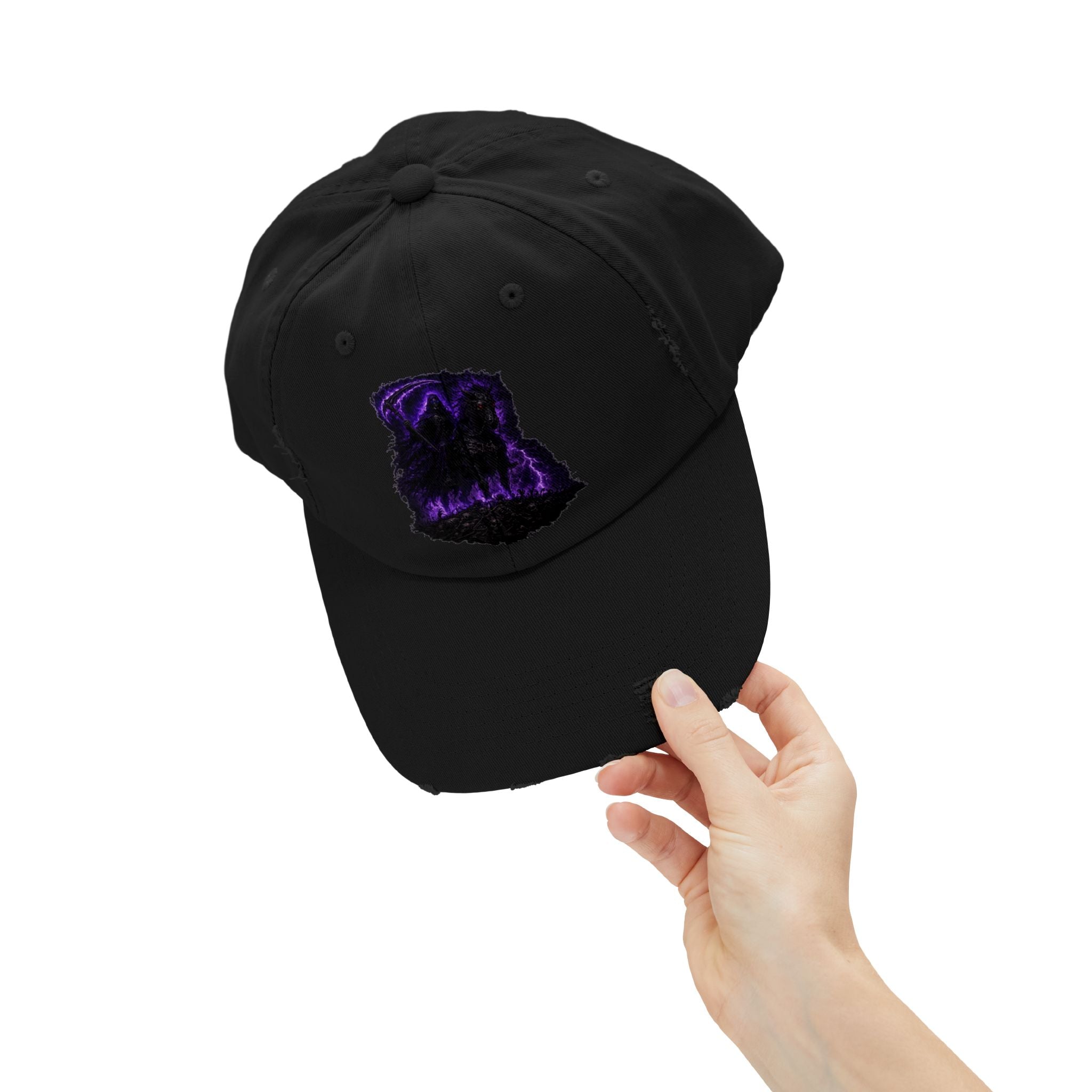 Distressed Black Cap — Purple Glowing Reaper Design