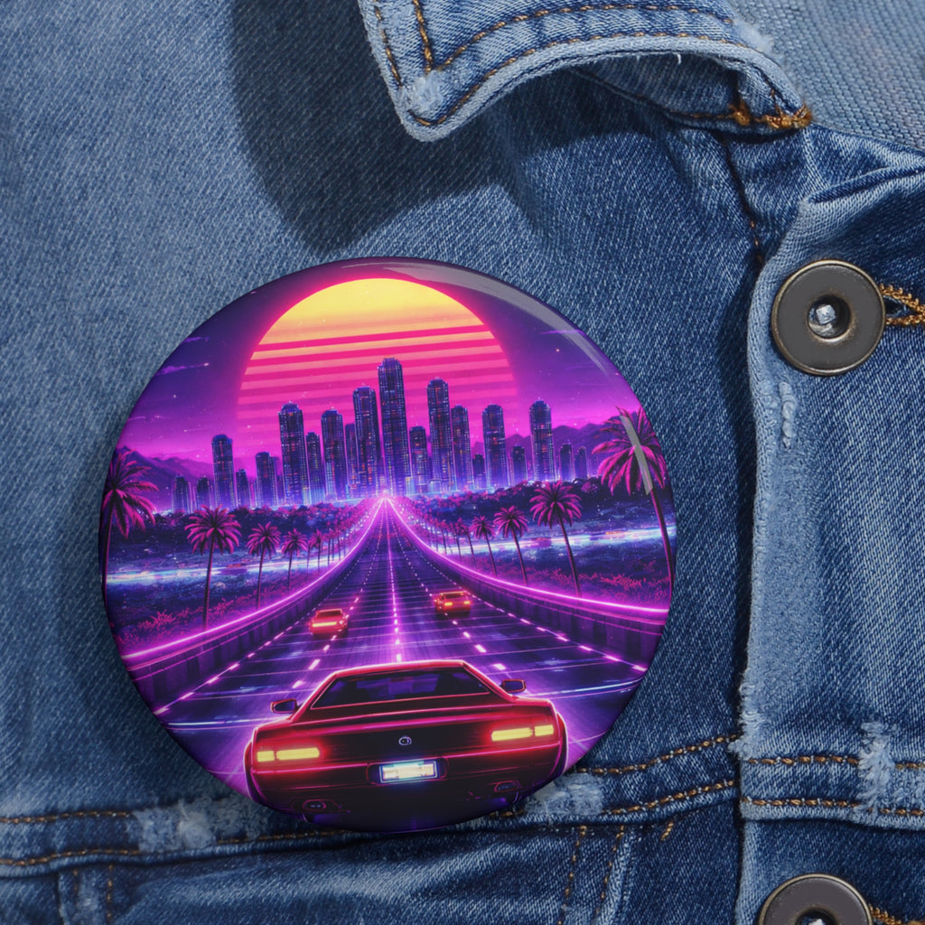 Retro Cyberpunk 1984 Inspired Video Game Pin Button — Neon Sunset Cityscape Car Design
