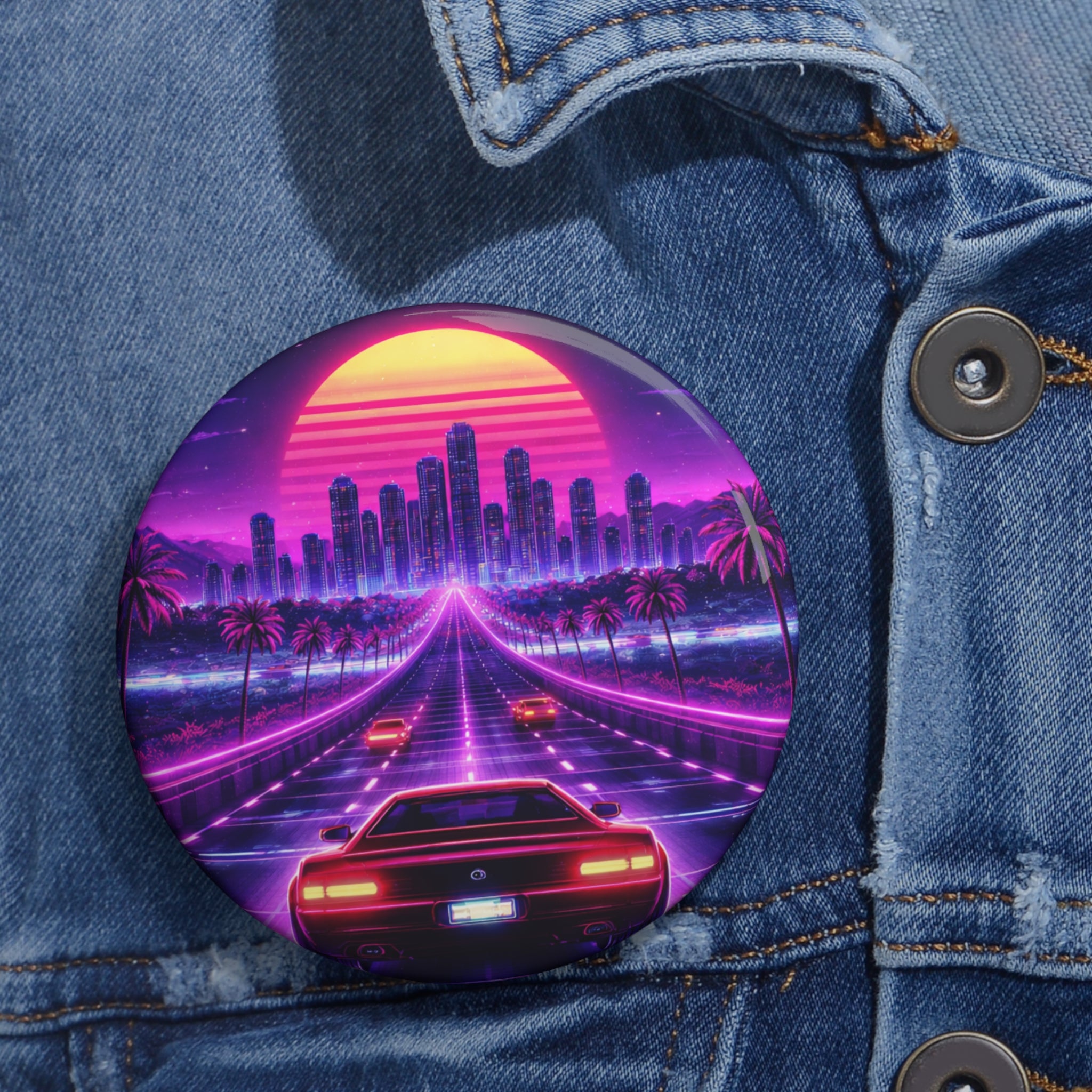 Retro Cyberpunk 1984 Inspired Video Game Pin Button — Neon Sunset Cityscape Car Design