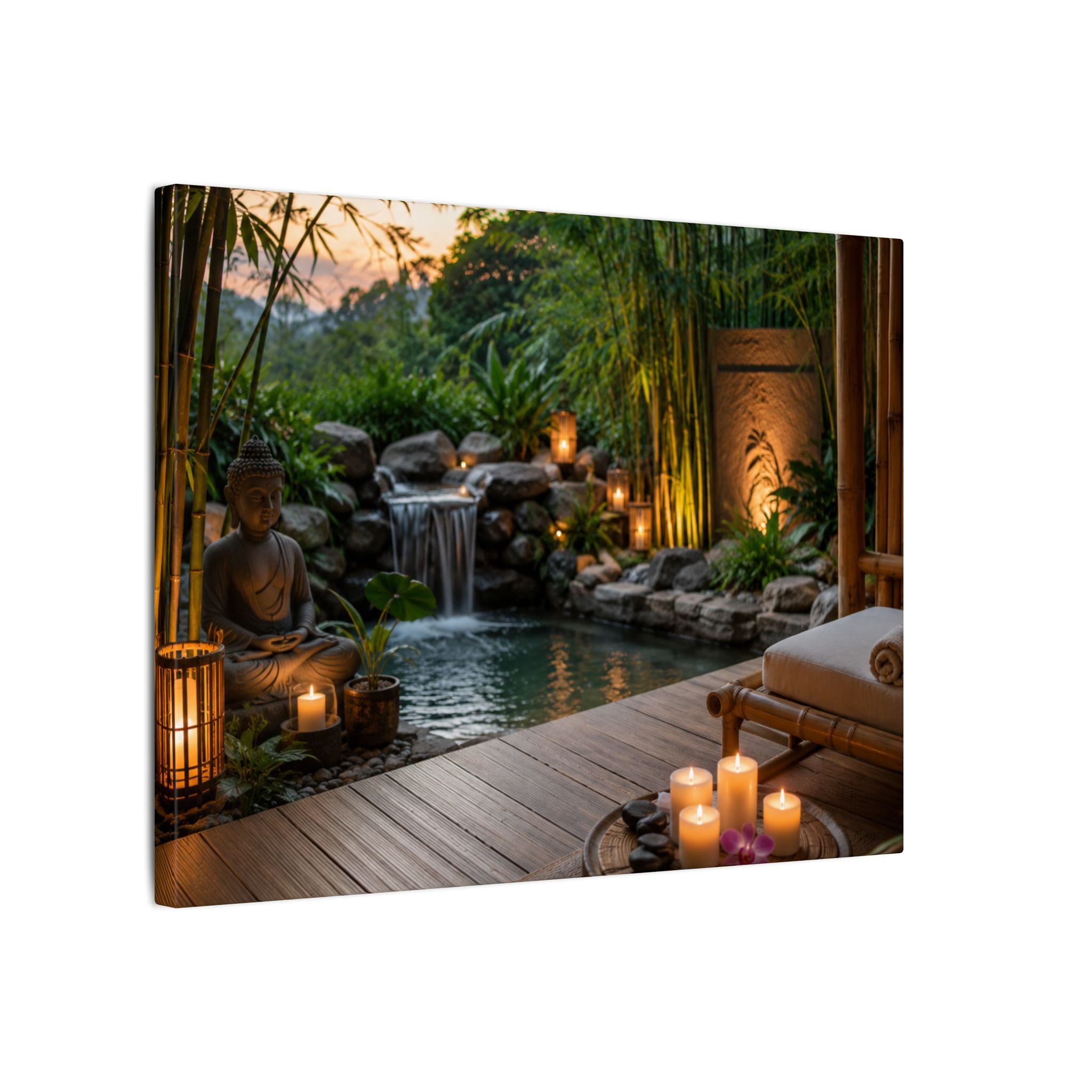 Zen Spa Retreat Canvas — Tranquil Bamboo Waterfall Wall Art