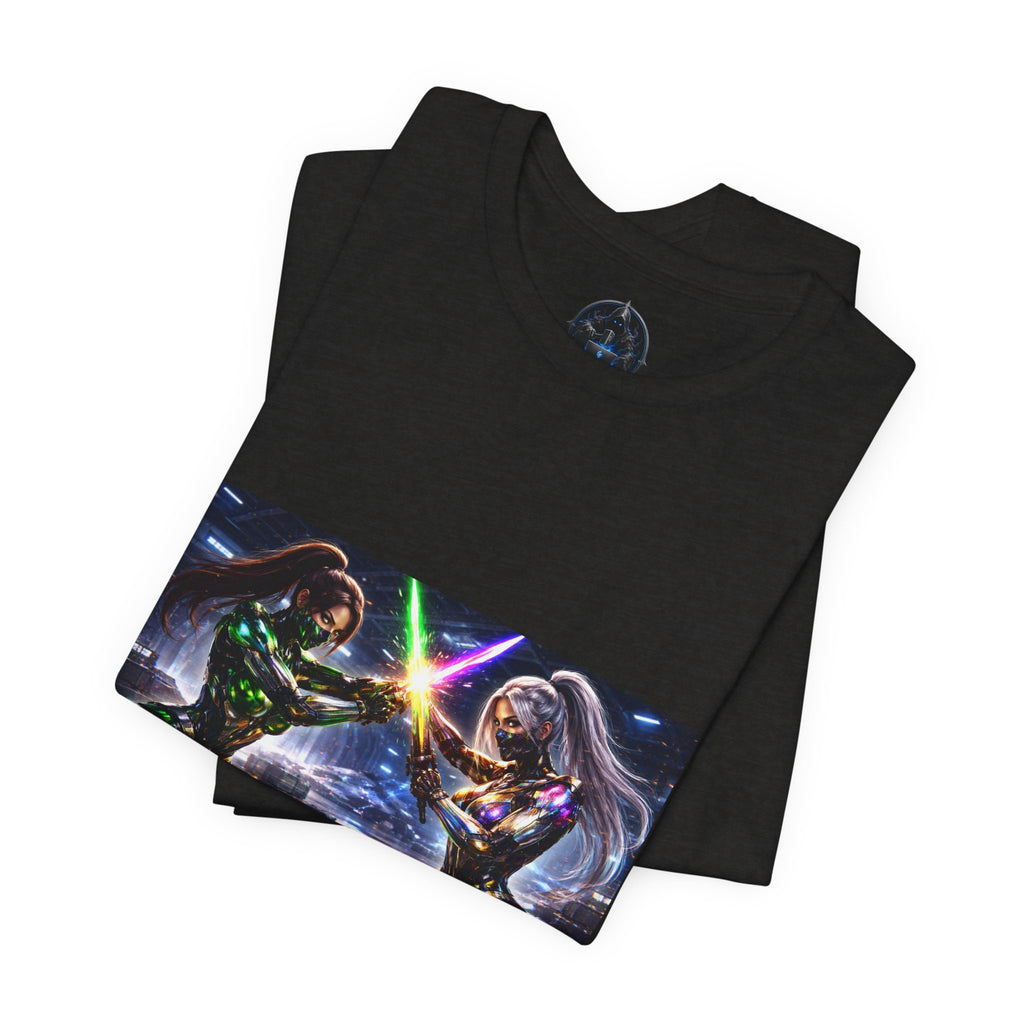 Sci‑Fi Duel Graphic Tee — Neon Cyber Warriors Chest Print