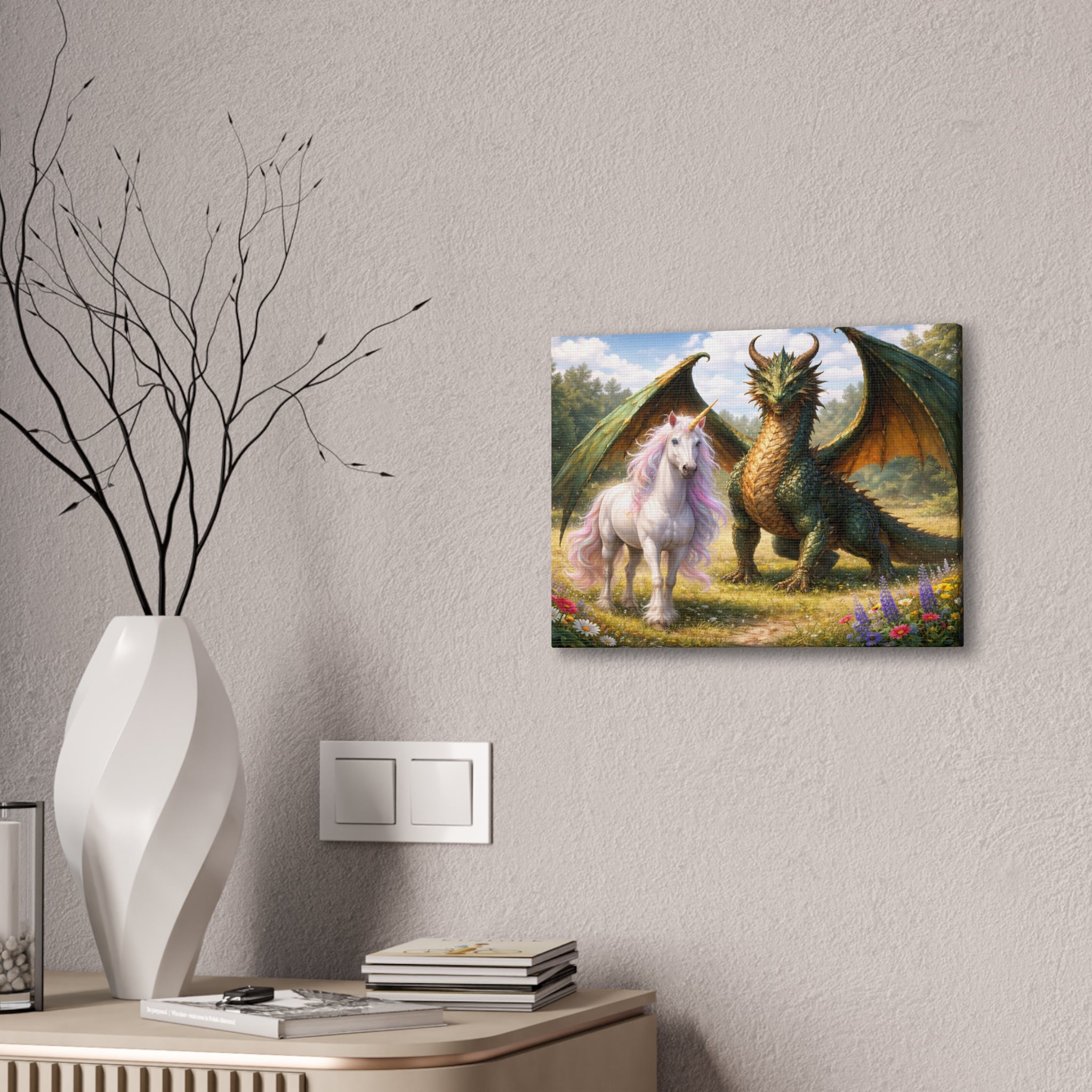Dragon and Unicorn Canvas Wall Art — Fantasy Creature Print for Nursery, Kids’ Room & Fantasy Decor