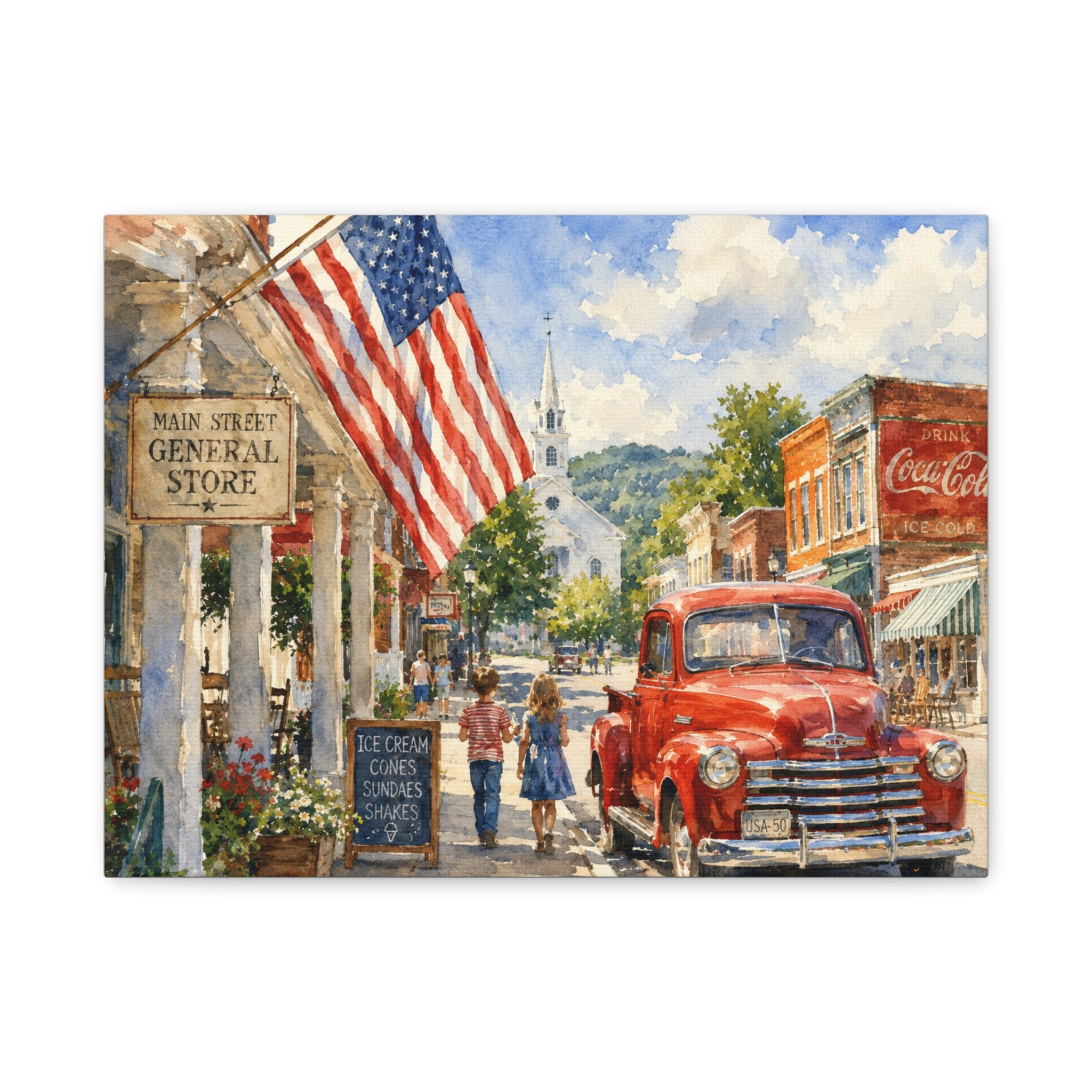 Main Street Americana Canvas Print — Vintage Small Town Scene