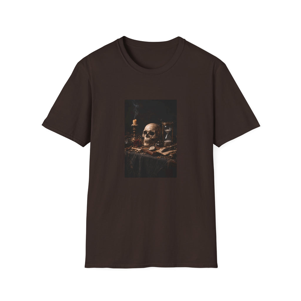 Skull Still Life T-Shirt — Vintage Vanitas Candle & Hourglass Tee