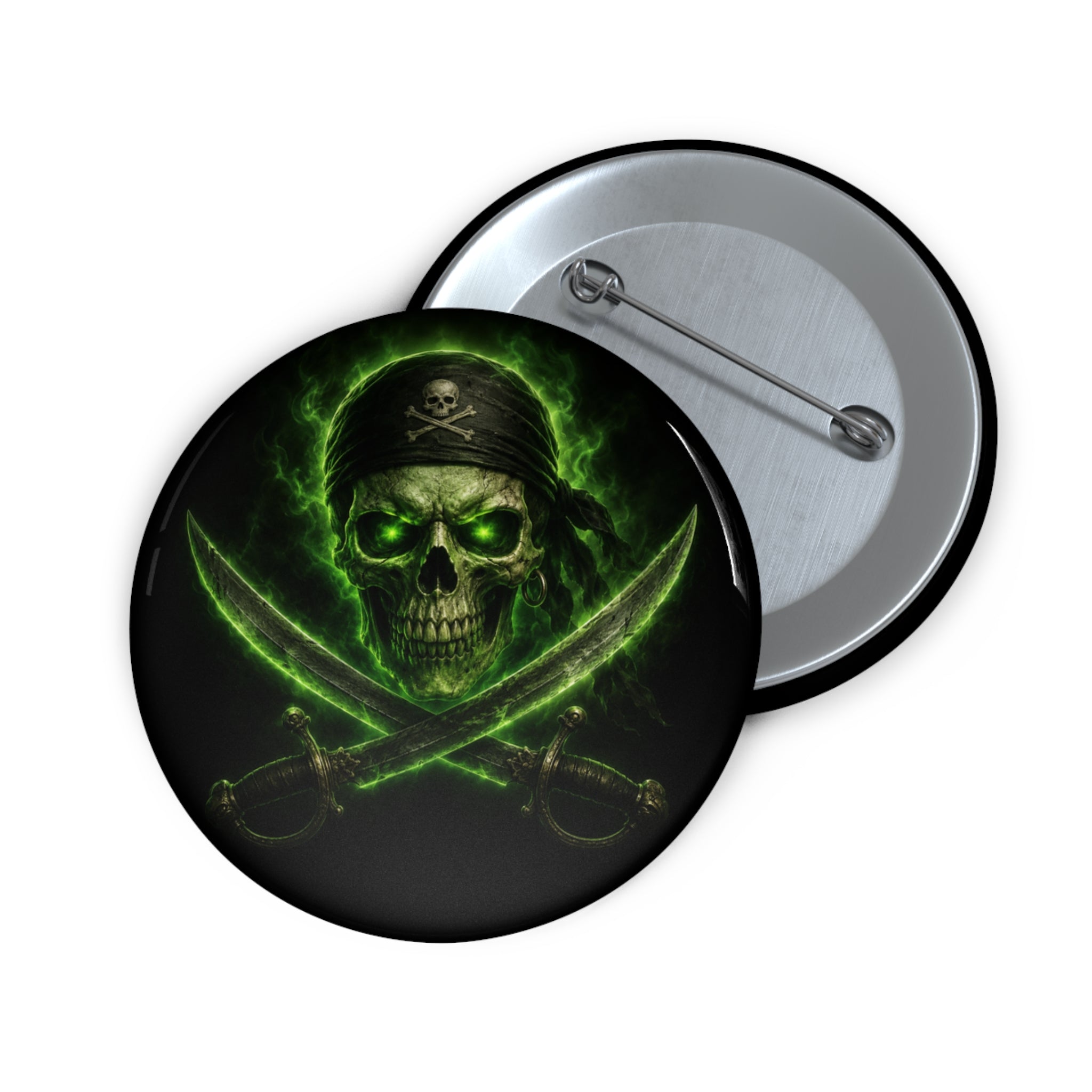 Pirate Skull Pin Button — Green Glow Crossed Swords Badge