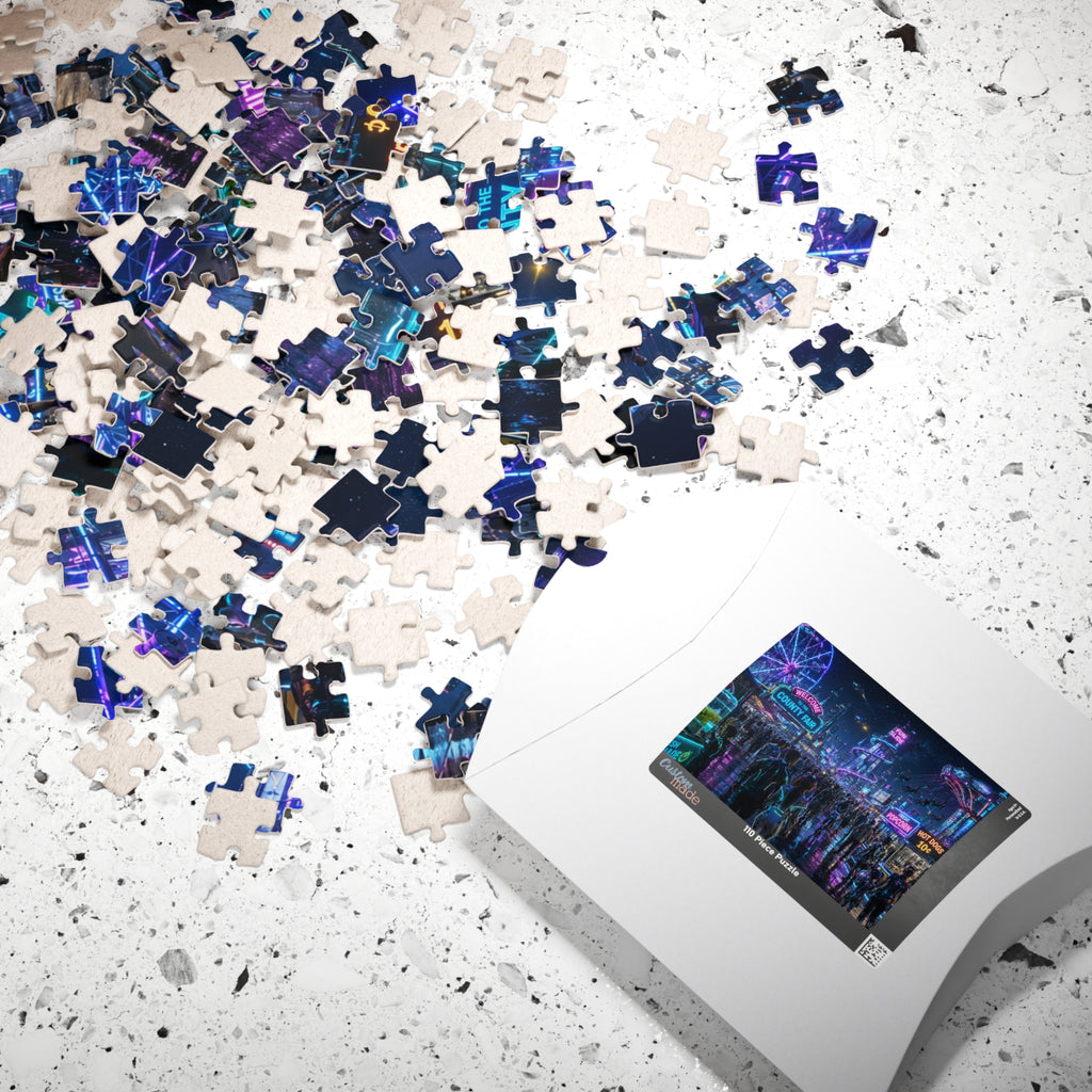 Futuristic County Fair Neon Night Jigsaw Puzzle — Carnival Lights 252/520/1014 pc
