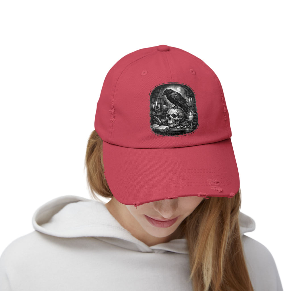 Distressed Raven & Skull Cap — Gothic Vintage Baseball Hat