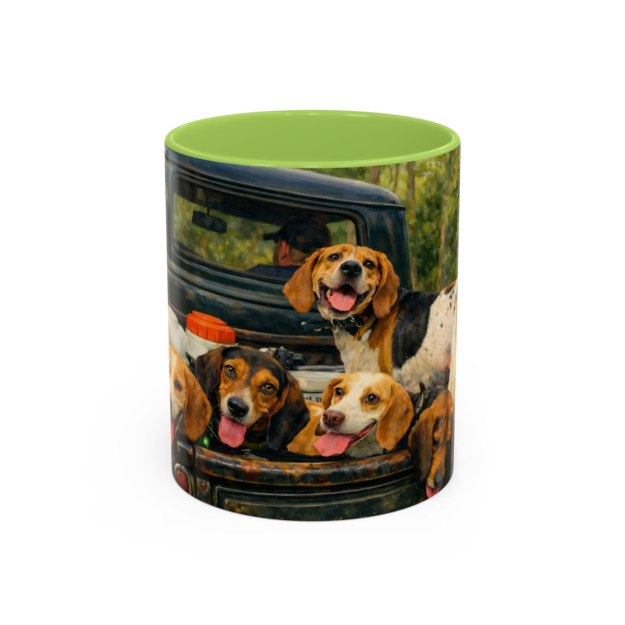 Suzu's Beagle Pack Coffee Mug — Dogs in Truck Accent Ceramic Mug (11/15oz)