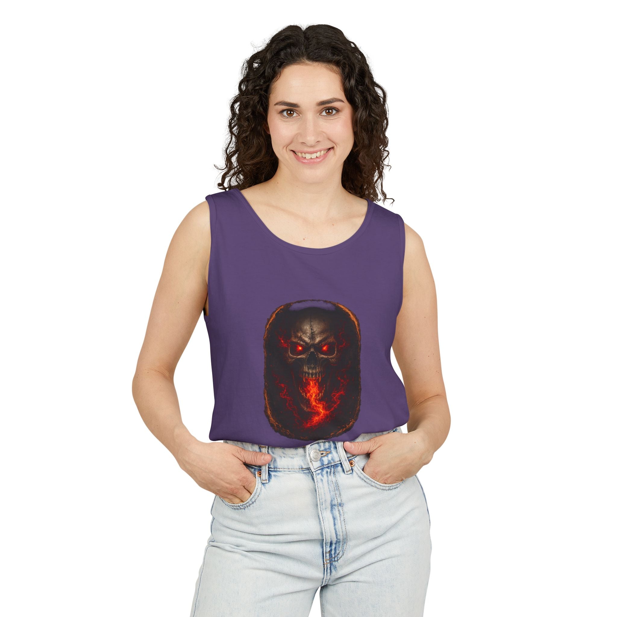 Demon Skull Flame Tank Top — Horror Graphic Summer Tee