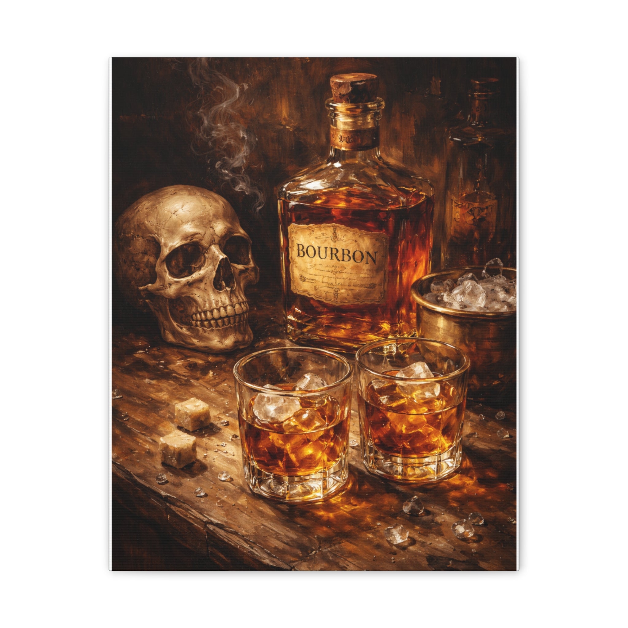Bourbon Still Life Canvas Print — Skull & Whiskey Bar Art
