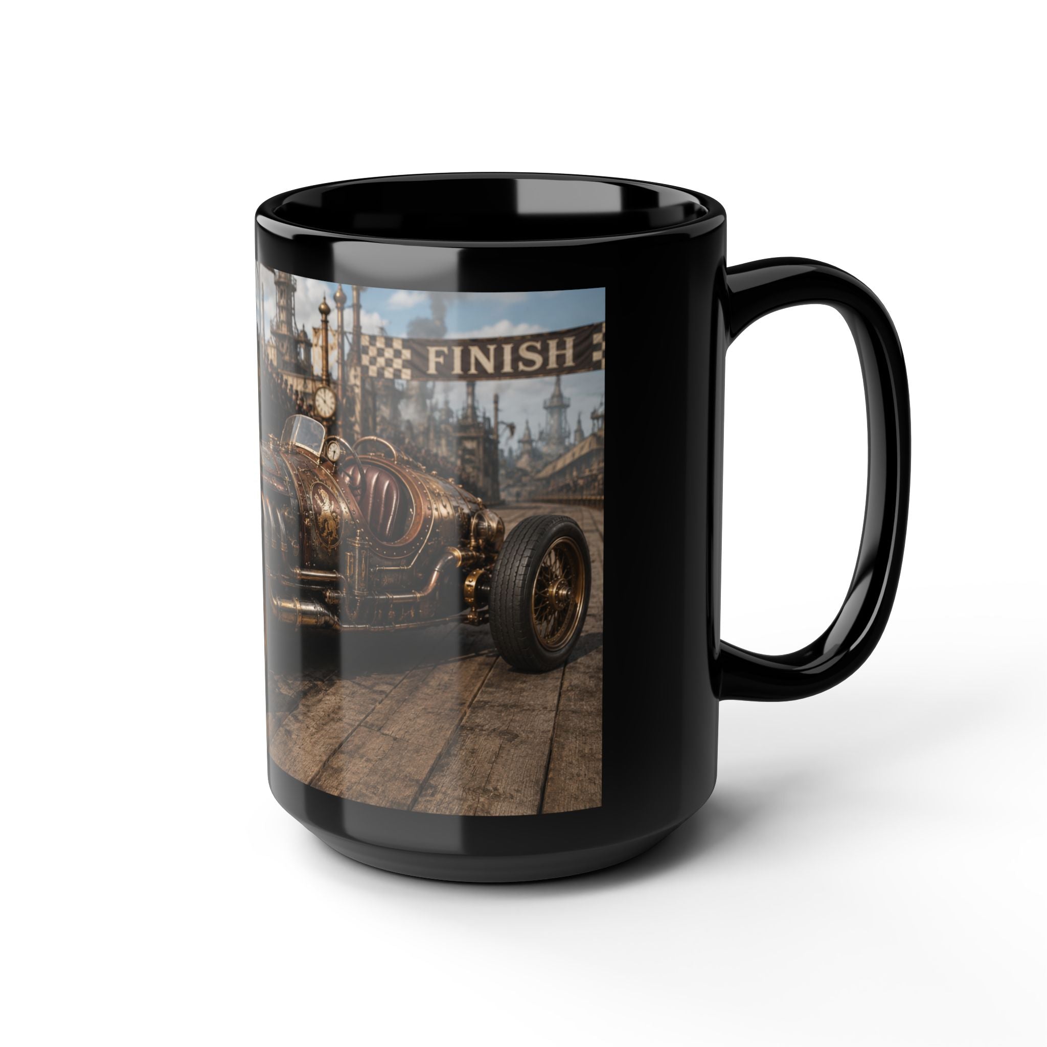 Steampunk Vintage Racecar Black Mug - 'Finish' Retro Racing Coffee Cup (11oz/15oz)