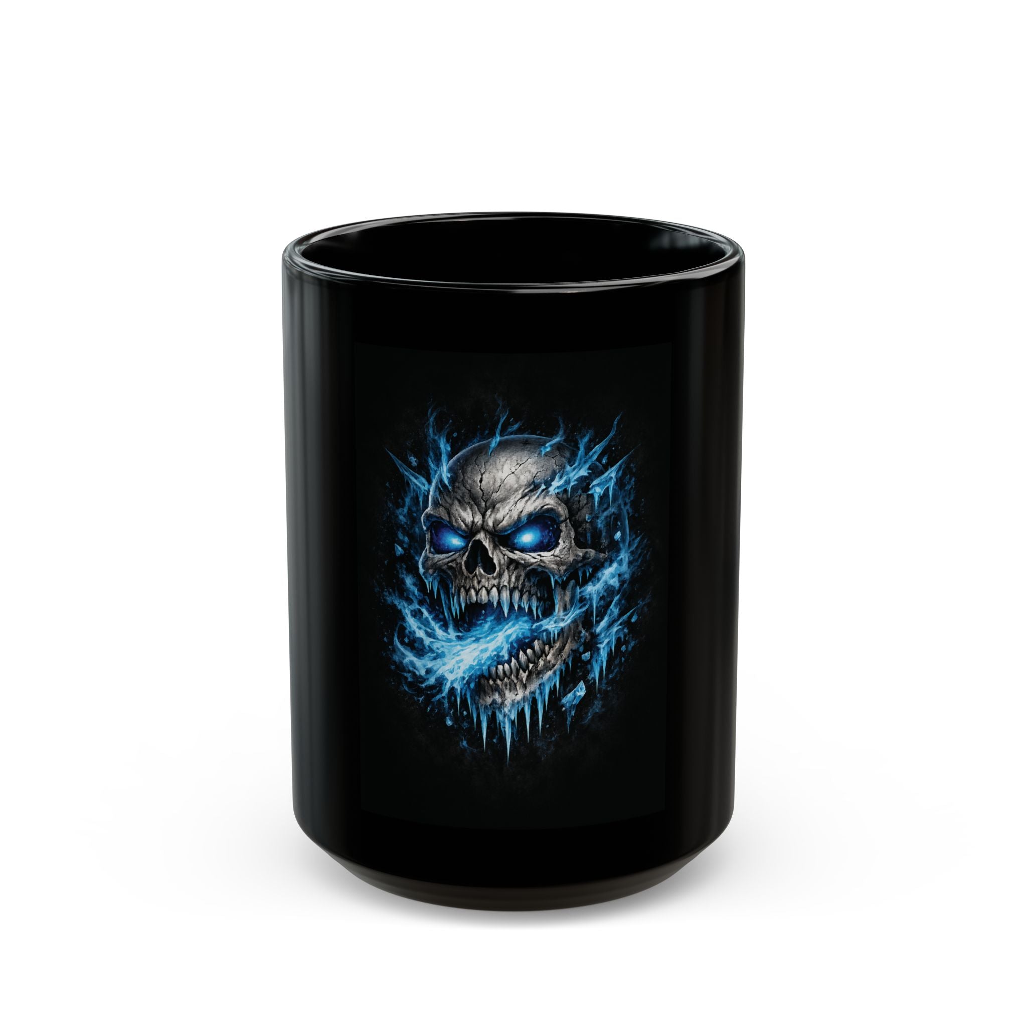 Blue Flame Skull Black Mug — Gothic Coffee Cup for Bikers, Metalheads & Halloween (11oz/15oz)