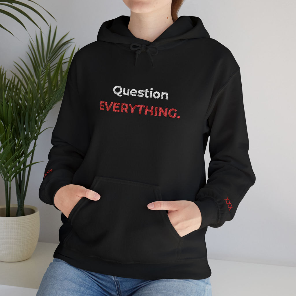 Question Everything Hoodie – Bold Red & White Graphic Pullover