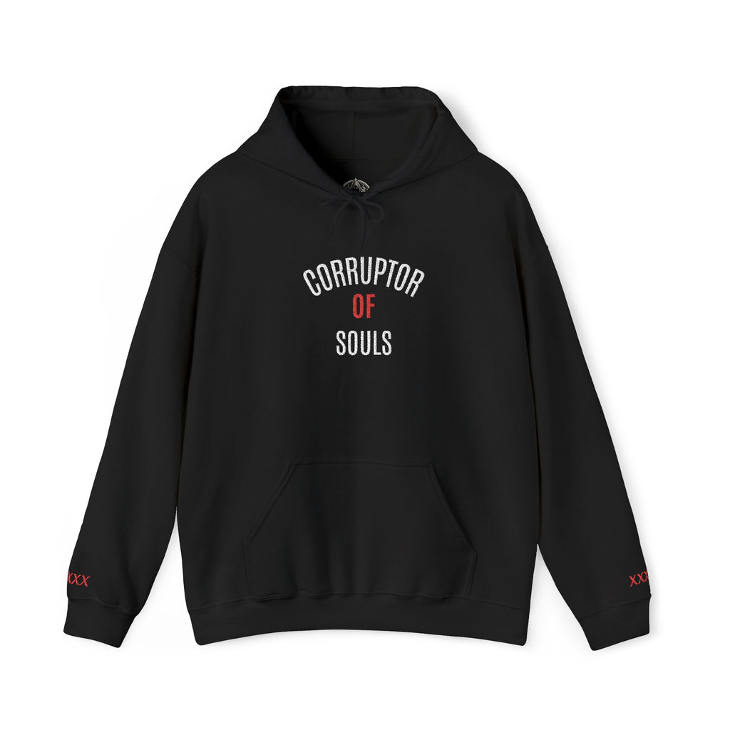 Corruptor of Souls Hoodie — Gothic Black Embroidered Pullover with Red Accent