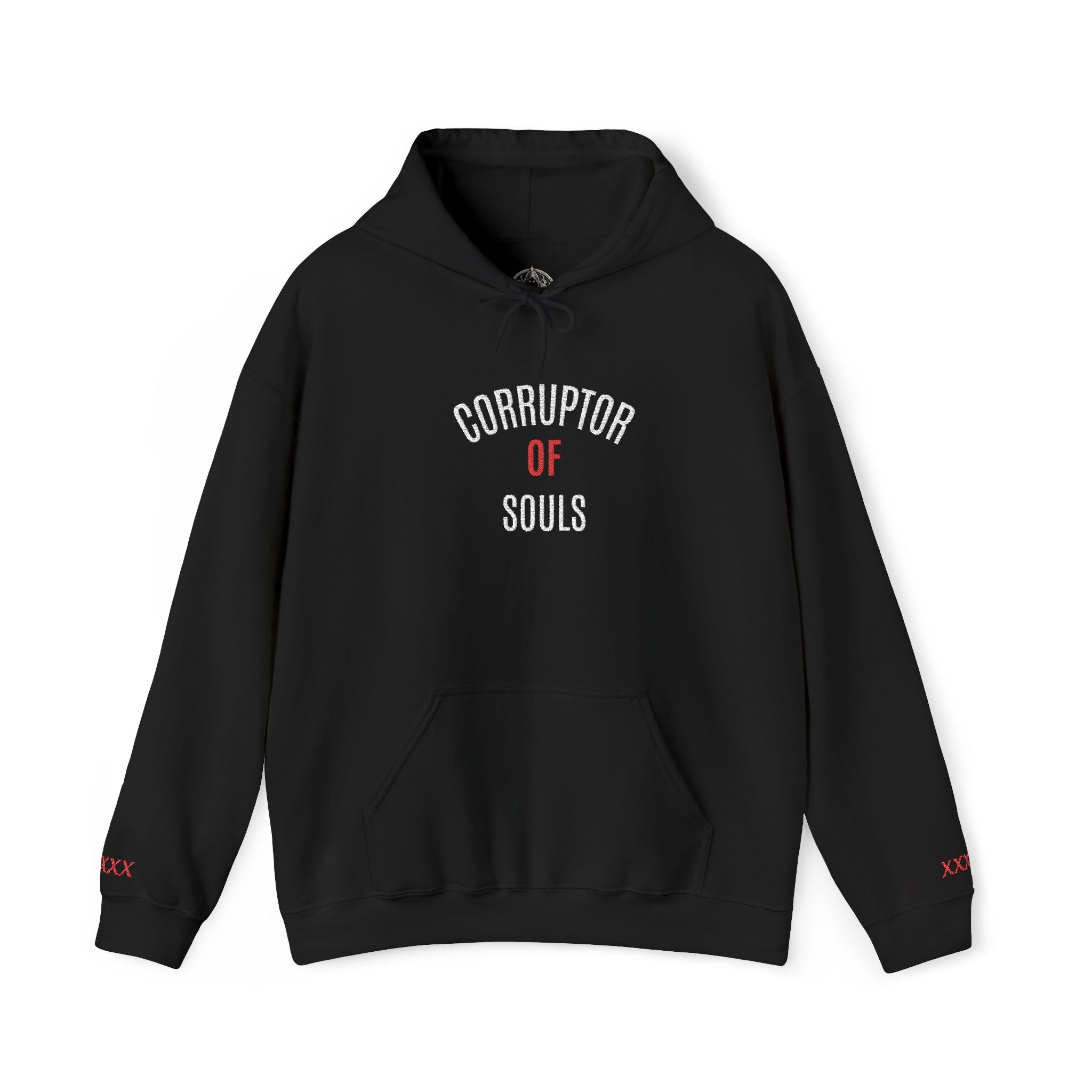 Corruptor of Souls Hoodie — Gothic Black Embroidered Pullover with Red Accent