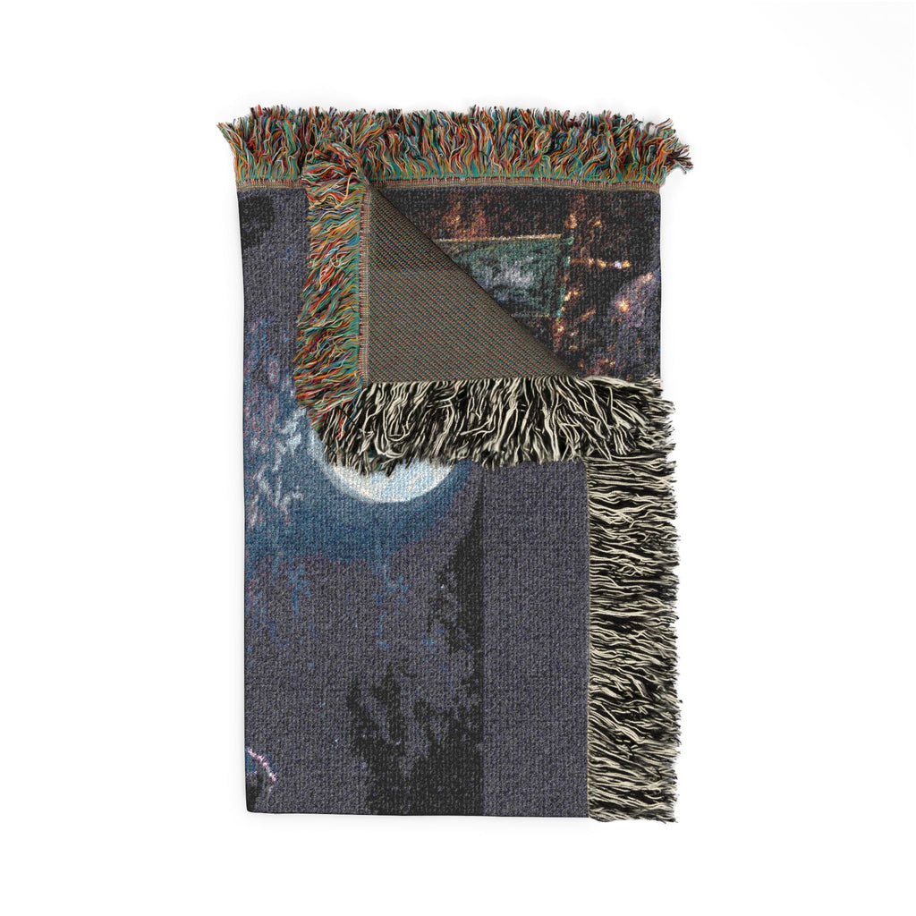 Dragon Night Woven Blanket — Mystical Moonlit Cityscape Throw