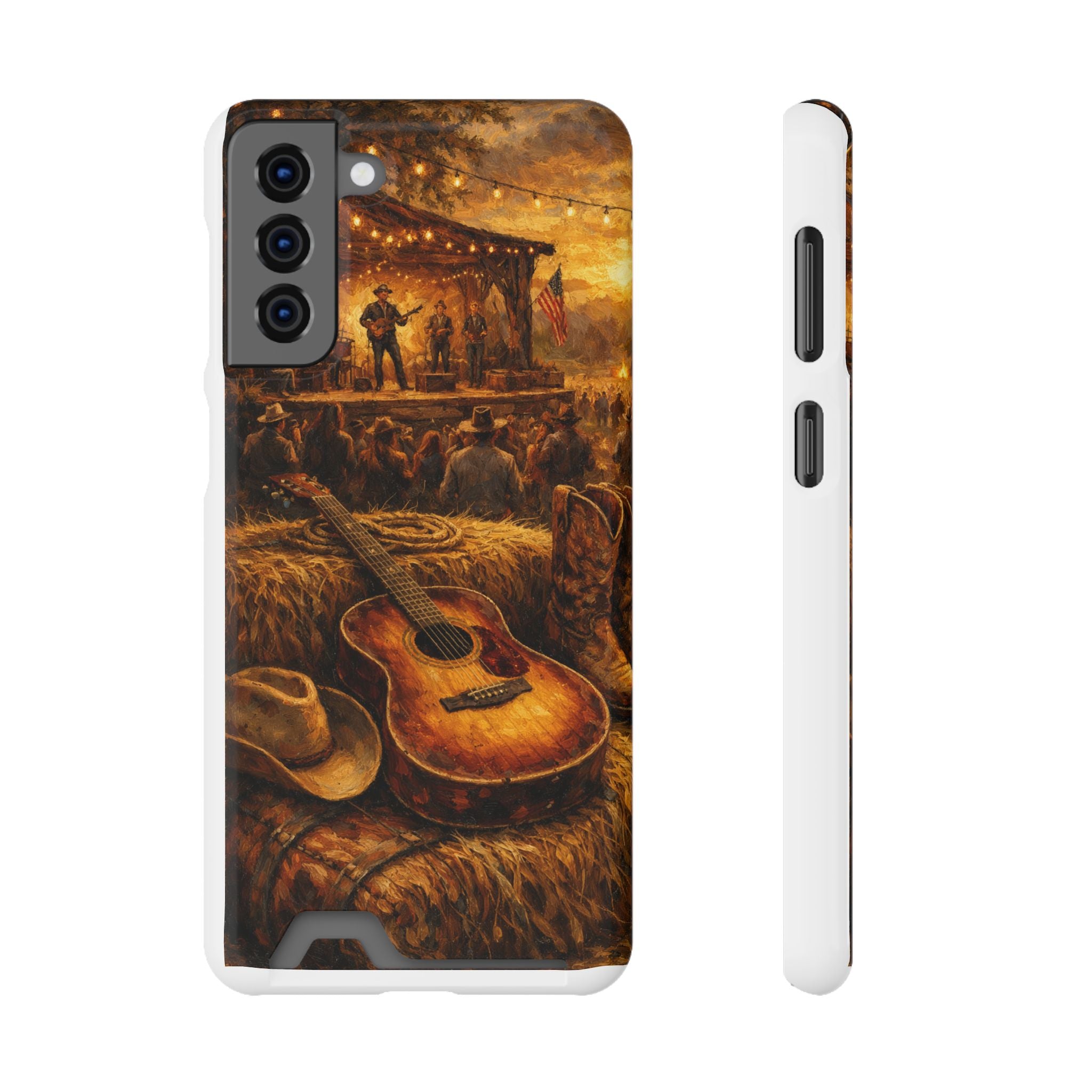 Country Music Guitar Phone Case with Card Holder — Rustic Concert Scene