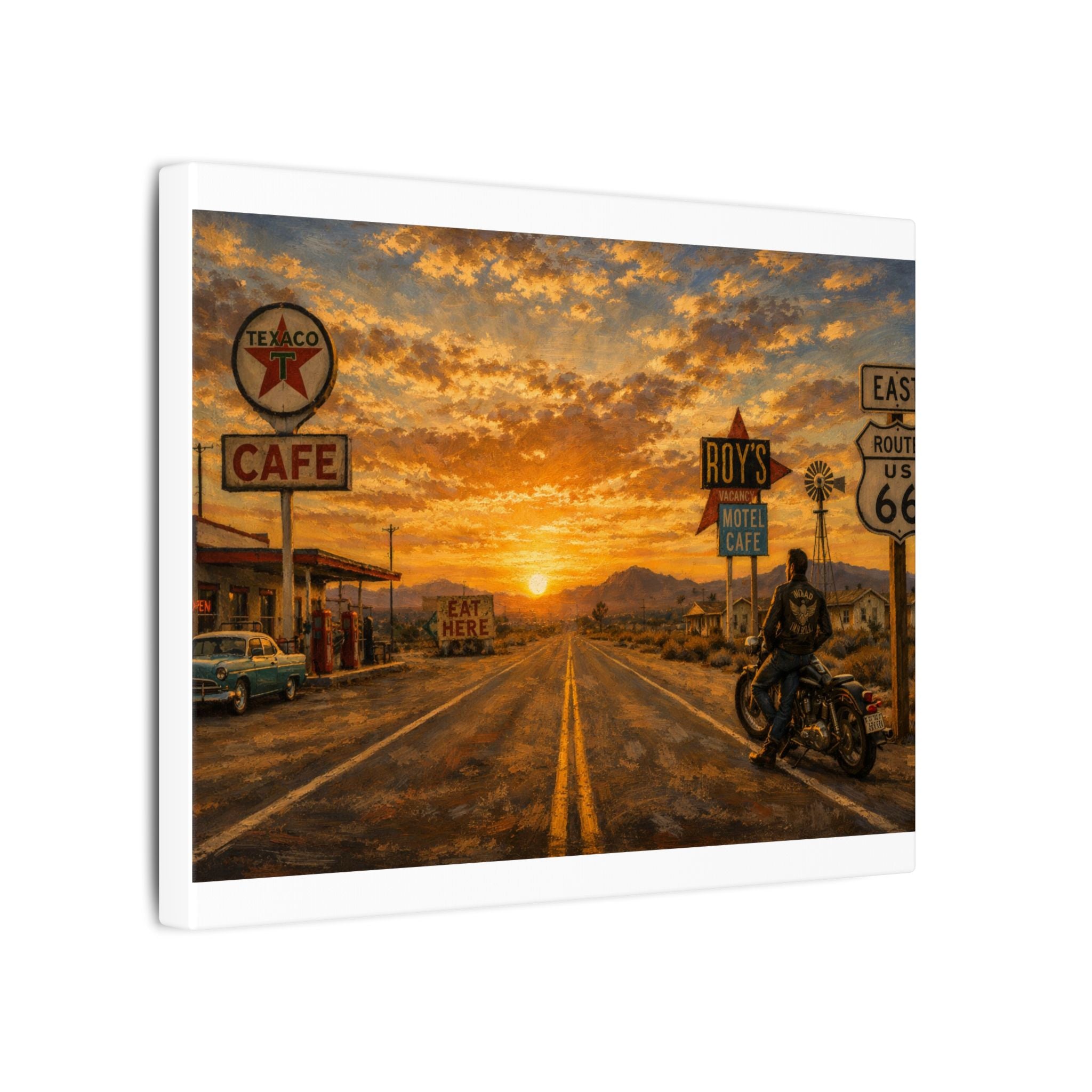 Route 66 Sunset Motorcycle Canvas Wall Art — Vintage Roadside Cafe Print