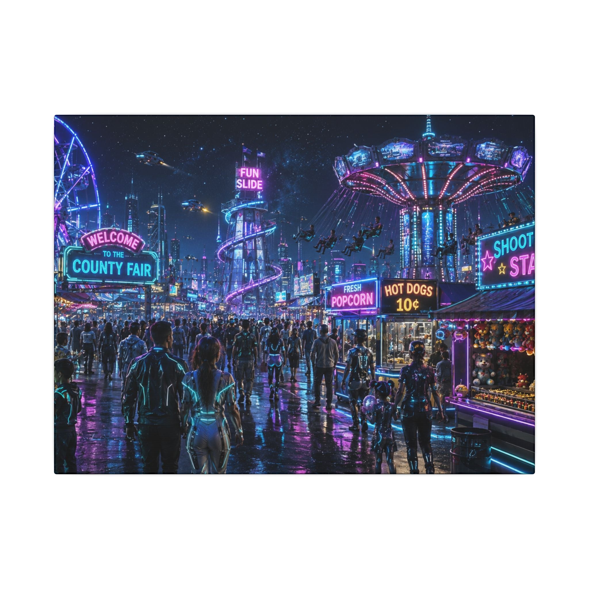 Neon County Fair Canvas Wall Art — Stretched Matte Carnival Nightscape
