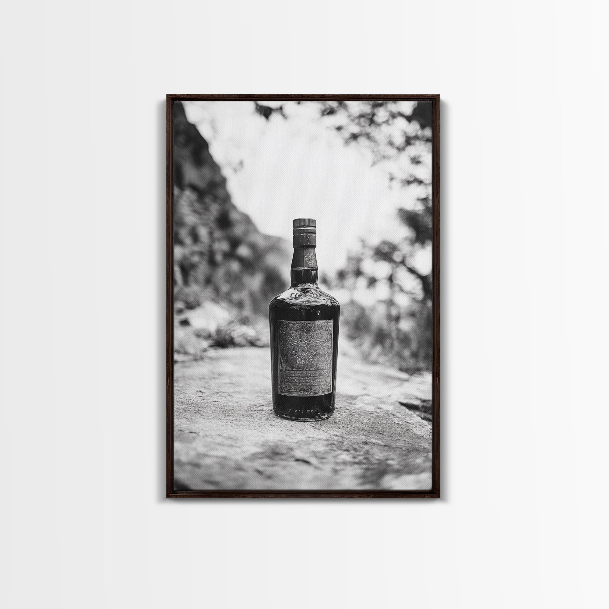 Vintage Whiskey Bottle, Rustic Outdoor Still, Timeless Spirits, Aged Detail, Framed Canvas Print, Man Cave Art, Bar Wall Decor