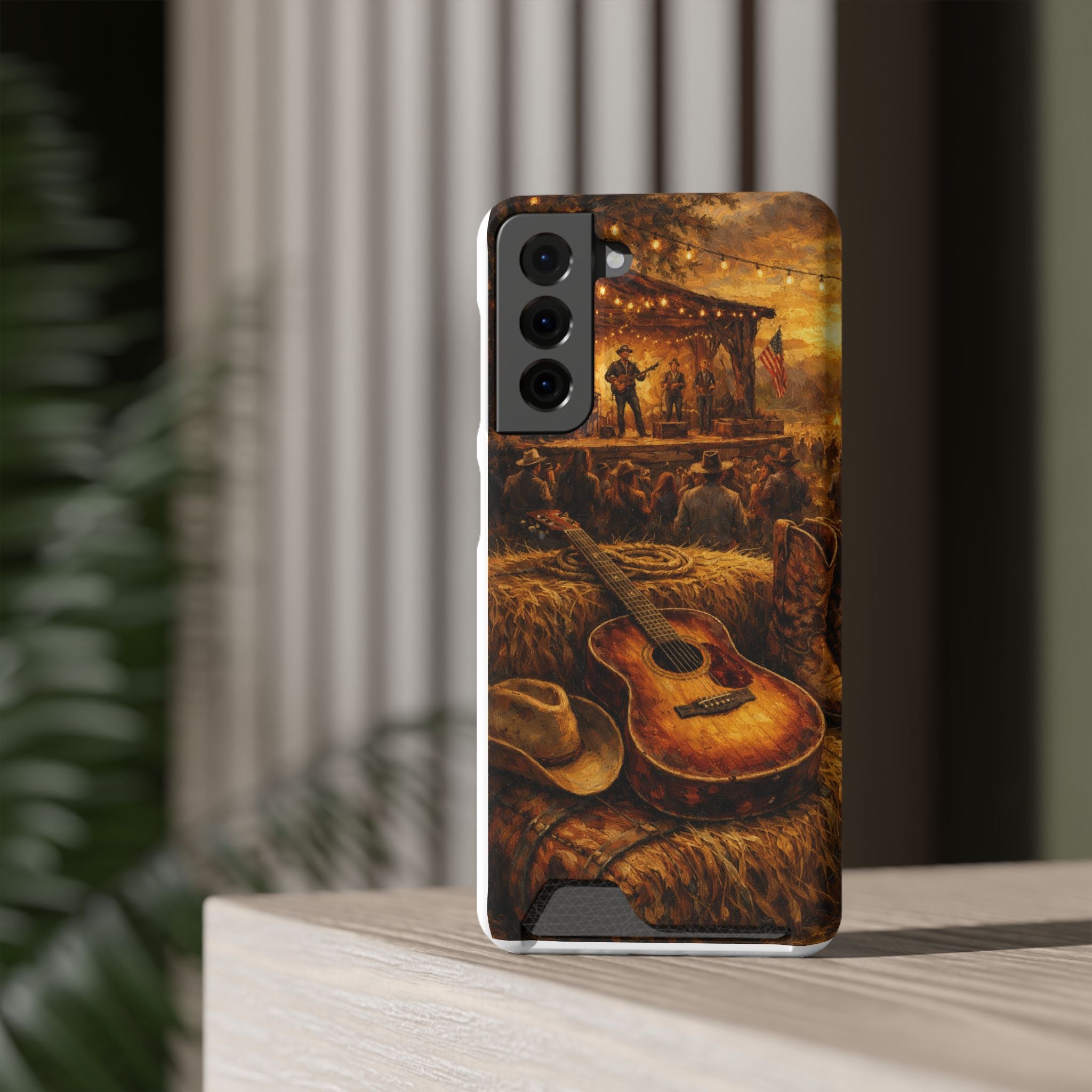 Country Music Guitar Phone Case with Card Holder — Rustic Concert Scene