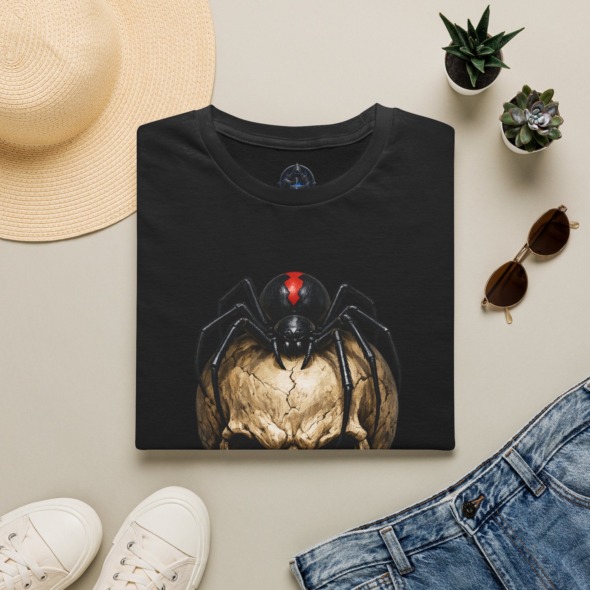 Skull with Black Widow Spider Graphic Gothic T-Shirt