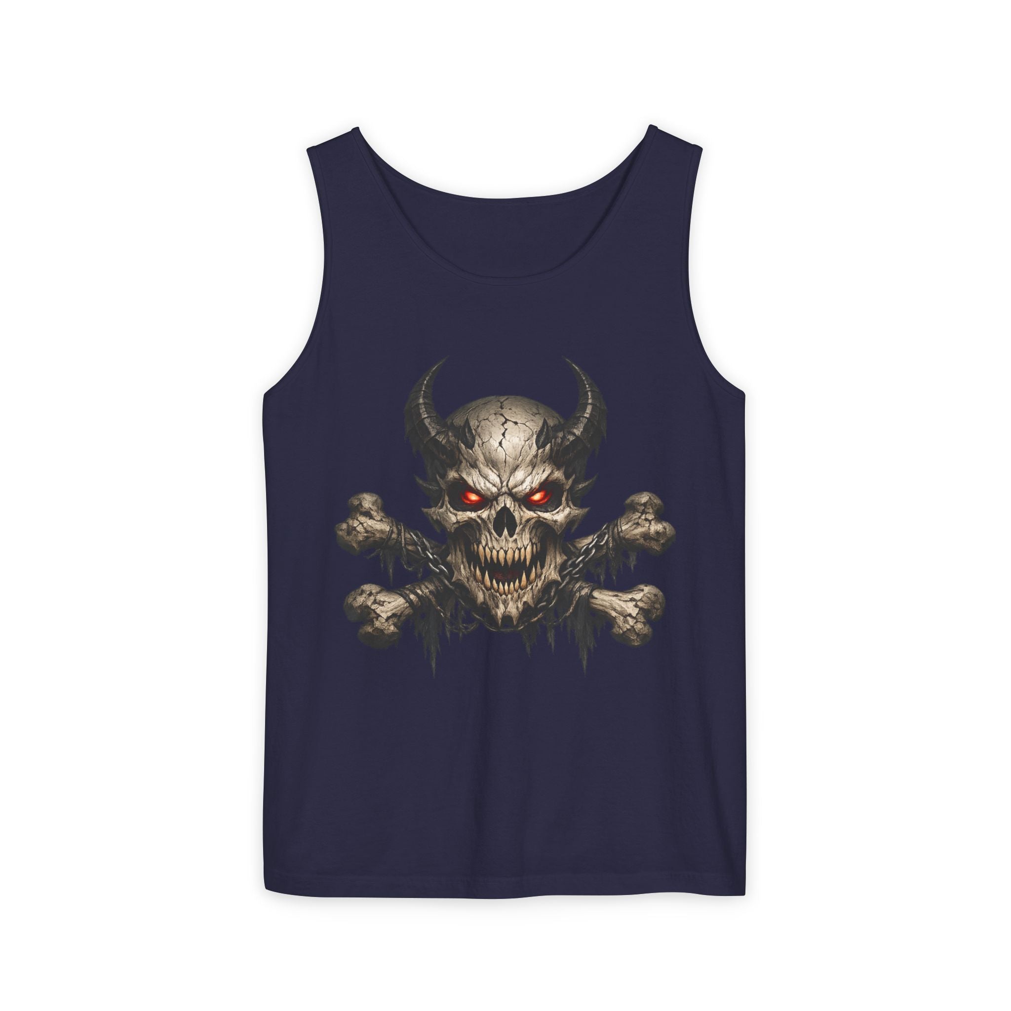 Demon Skull Tank Top — Red-Eyed Skull & Crossbones Graphic