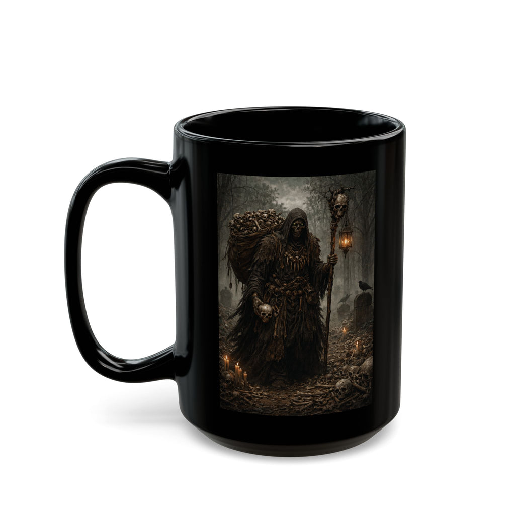 Bone Collector Grim Reaper Dark Fantasy Black Mug — Gothic Necromancer Illustration (11oz/15oz)