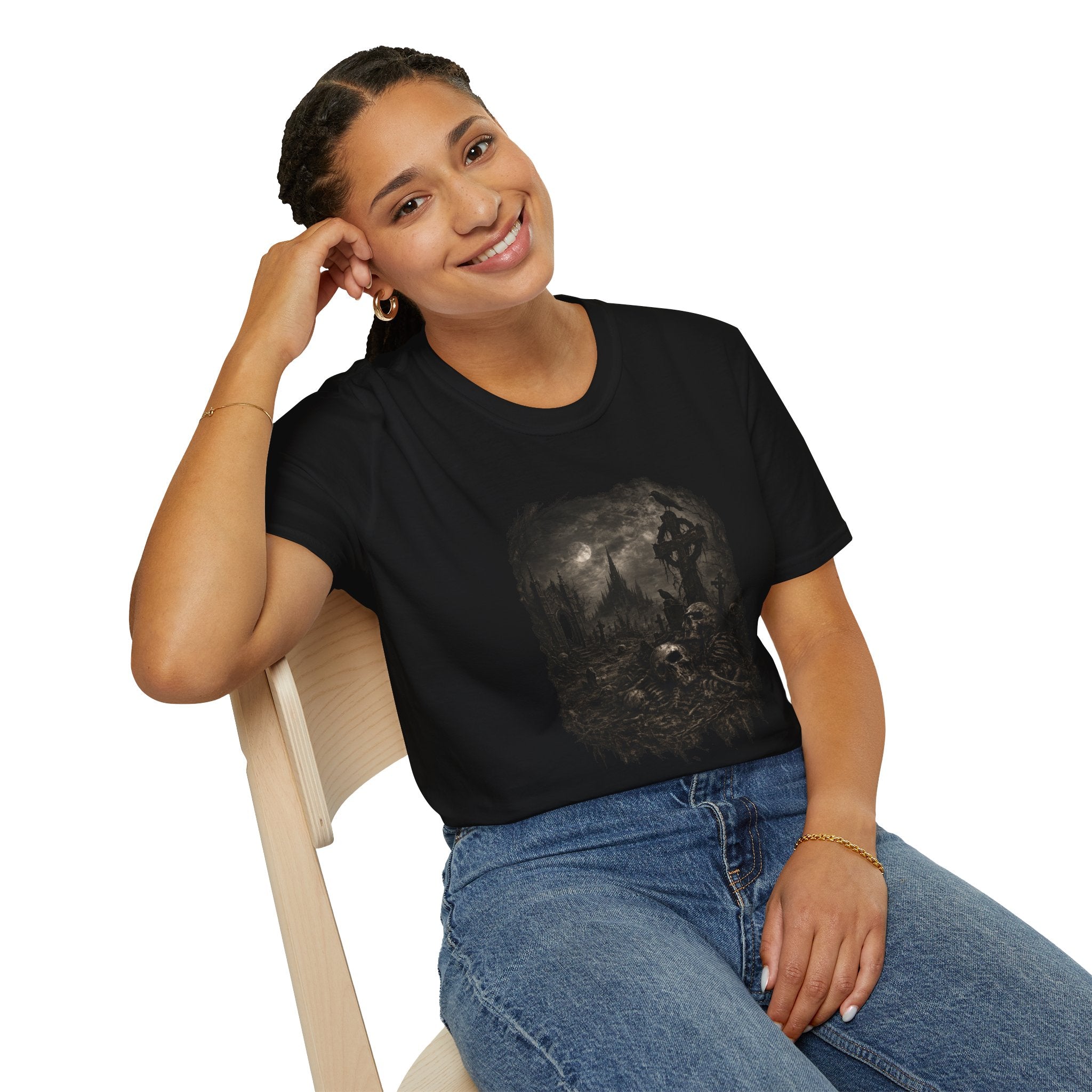 Gothic Cemetery T-Shirt — Moonlit Cross Graveyard Graphic Tee