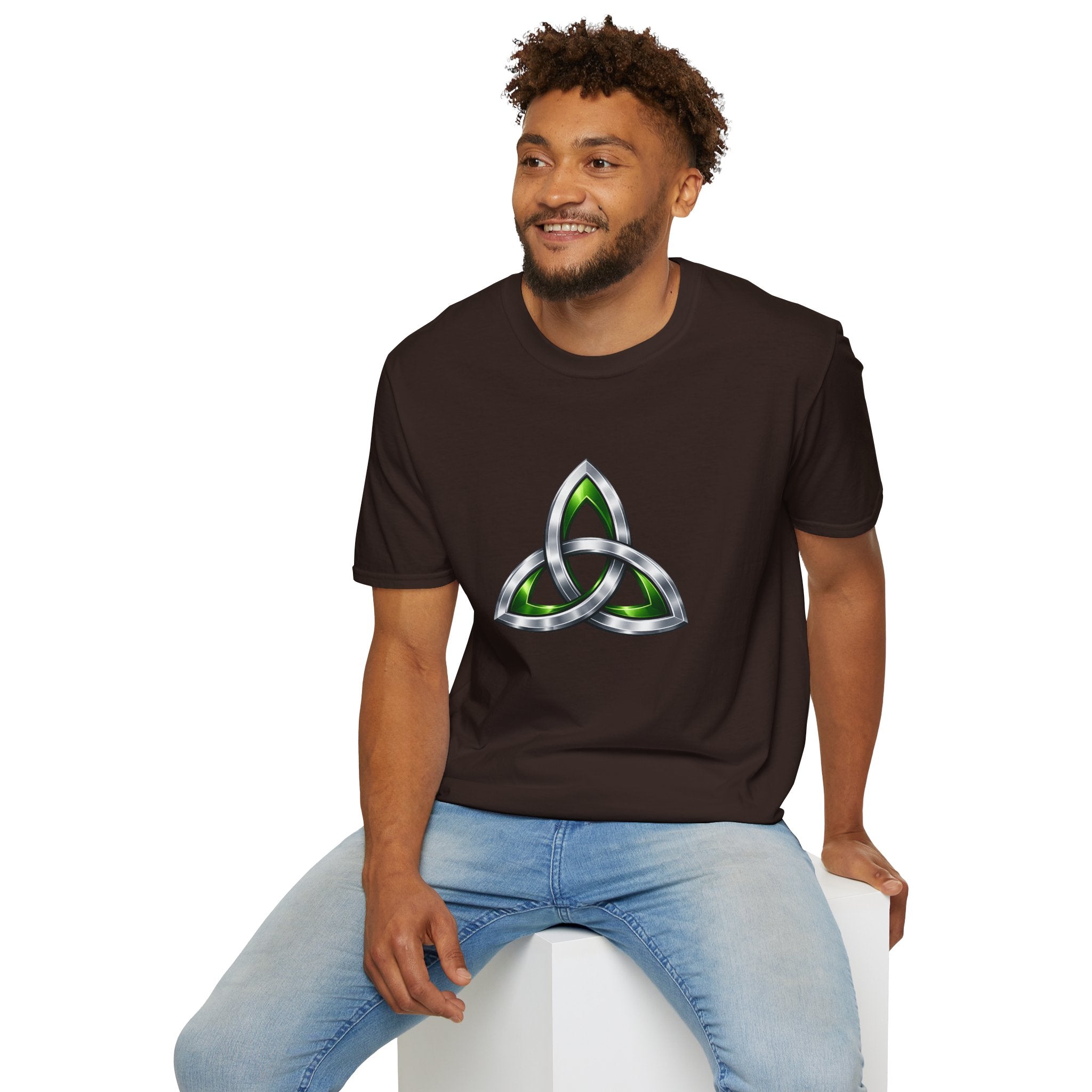 Celtic Trinity Knot T-Shirt — Metallic Green Triquetra Design