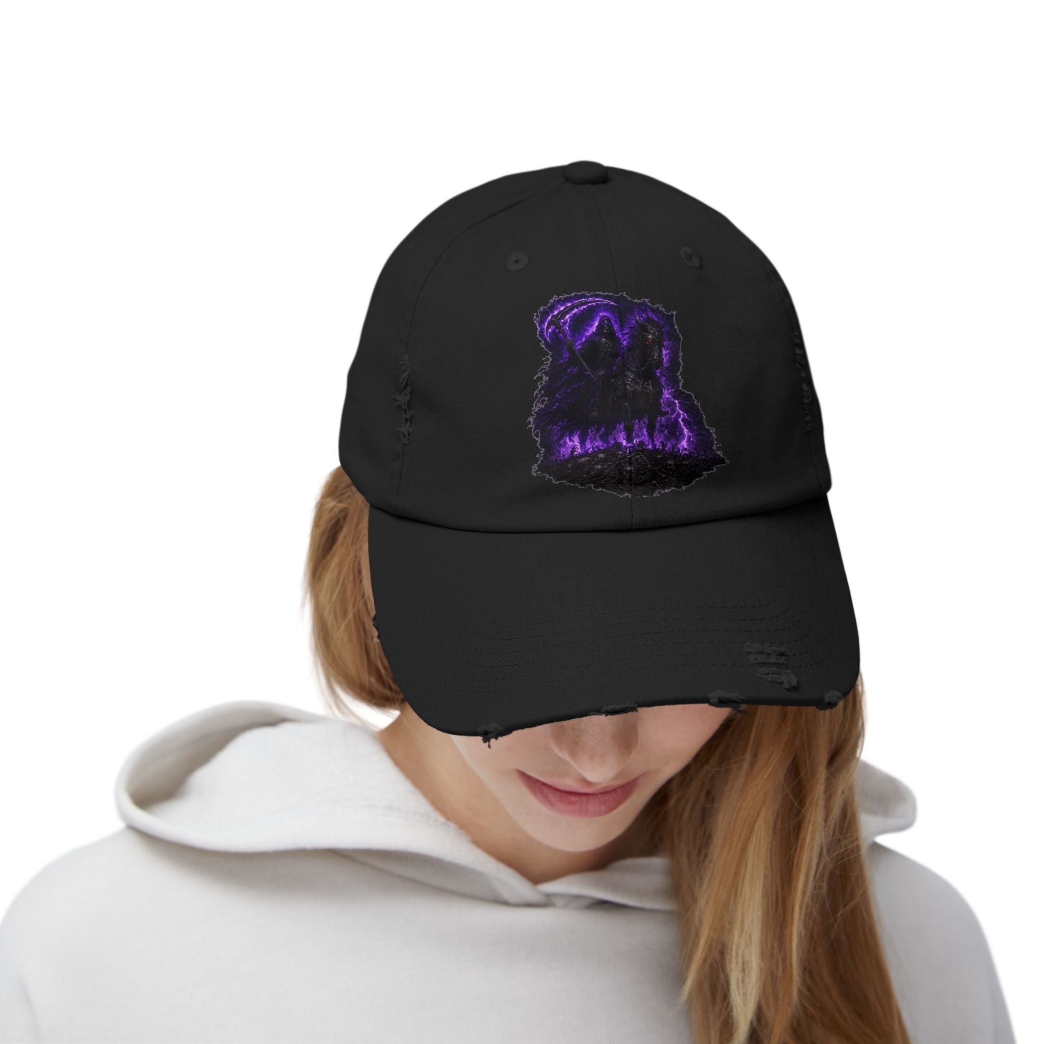 Distressed Black Cap — Purple Glowing Reaper Design
