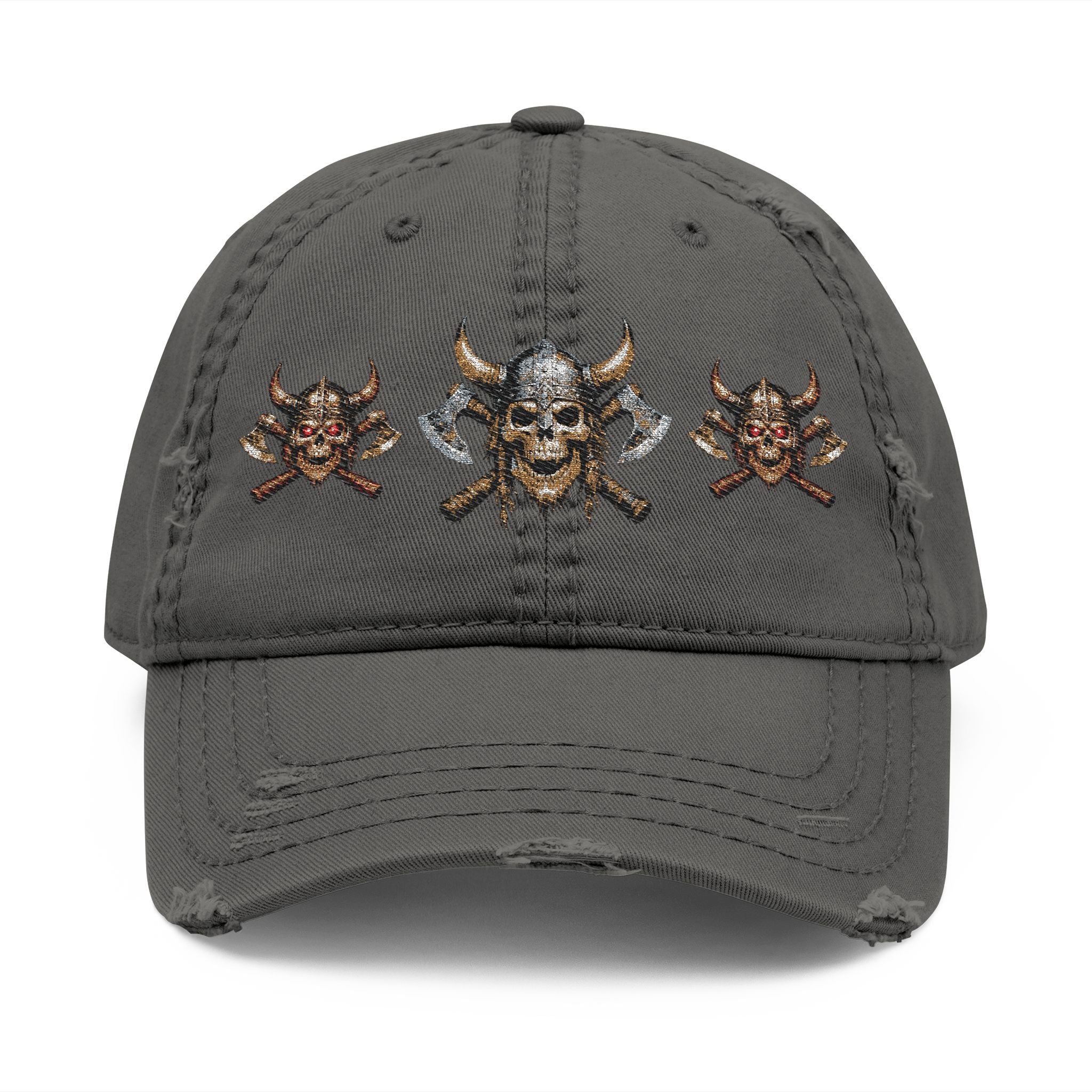 Distressed Viking Skull & Crossed Axes Embroidered Dad Hat