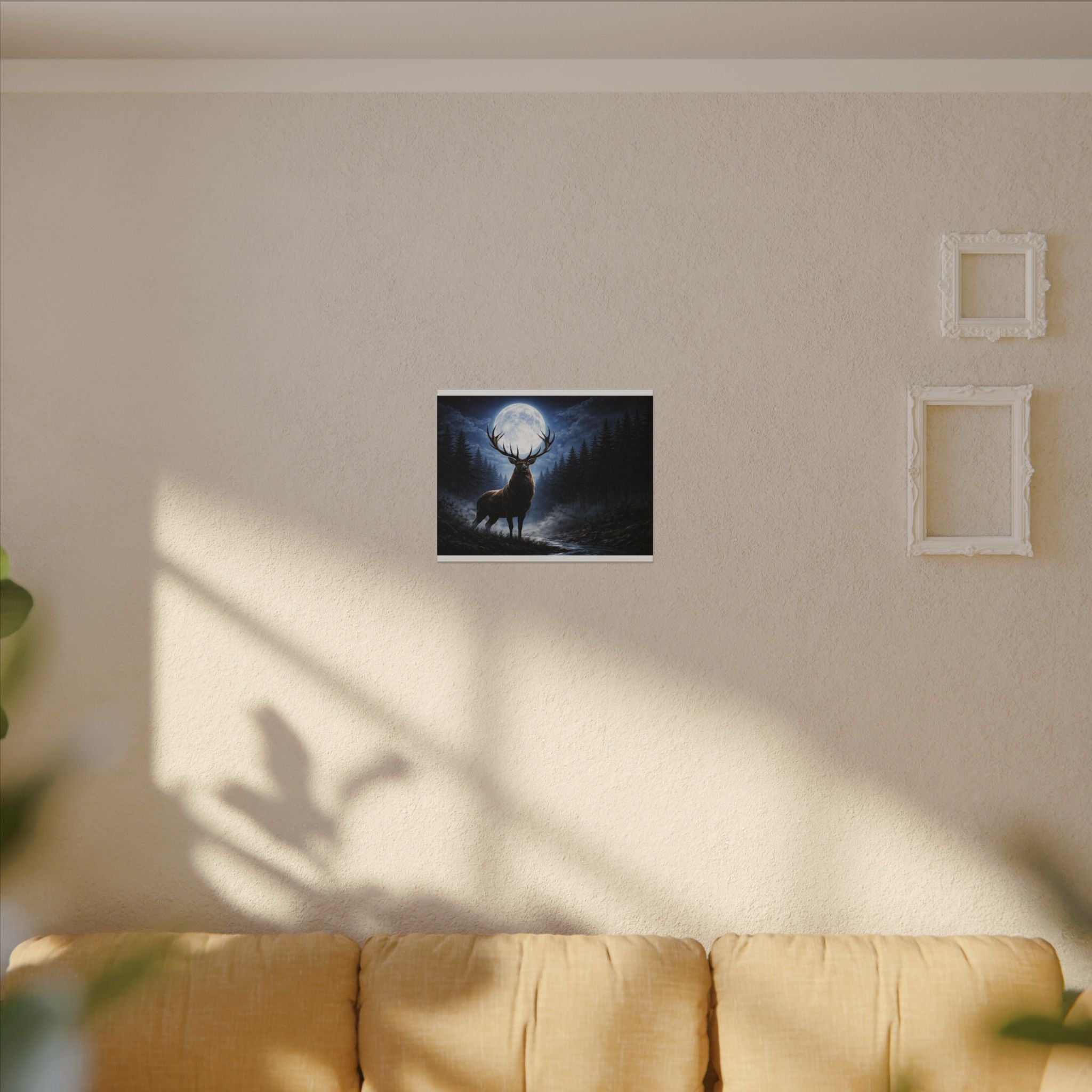Moonlit Stag Canvas Wall Art — Majestic Deer in Forest Night Scene