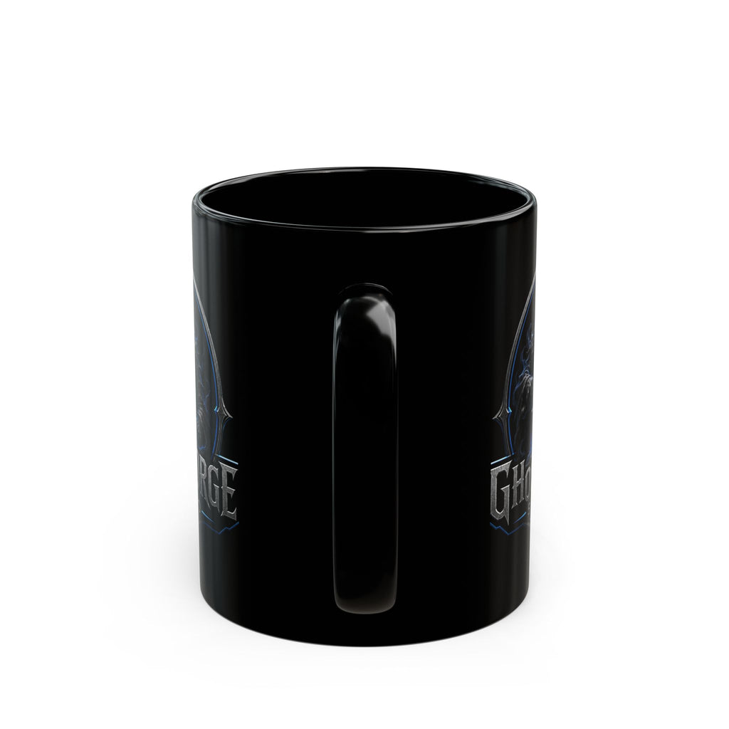 GhostForge Studio Logo Black Mug — Gaming Raven Hooded Emblem Coffee Cup (11oz/15oz)