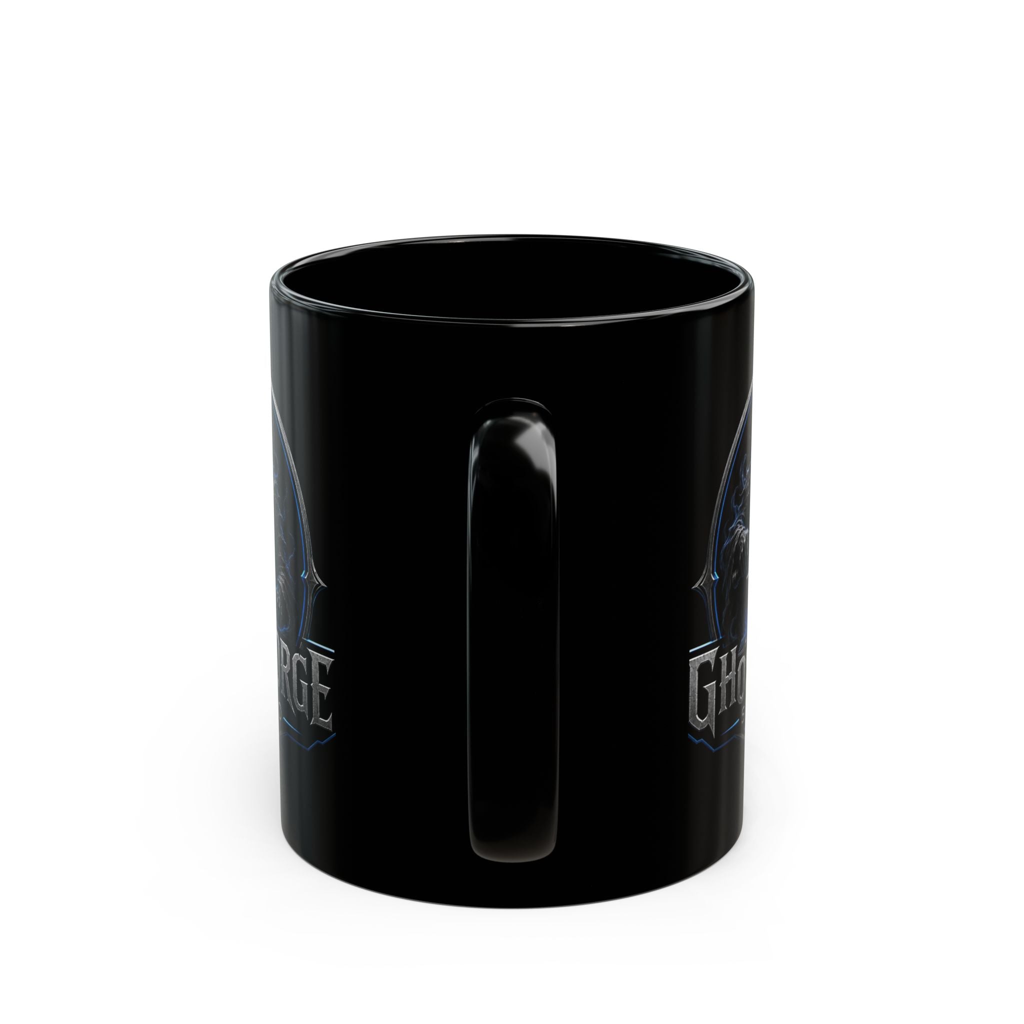 GhostForge Studio Logo Black Mug — Gaming Raven Hooded Emblem Coffee Cup (11oz/15oz)