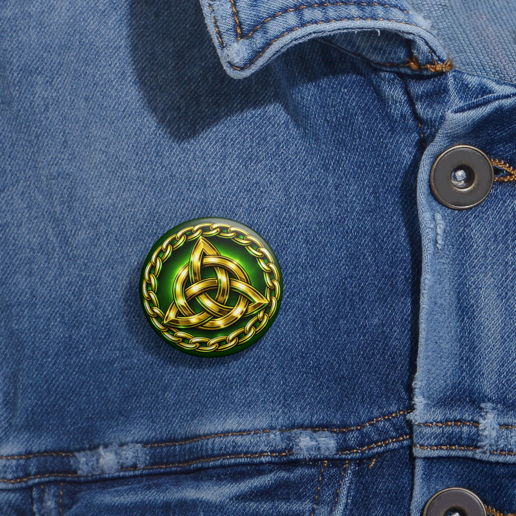 Celtic Knot Pin Button — Gold Trinity Knot on Green
