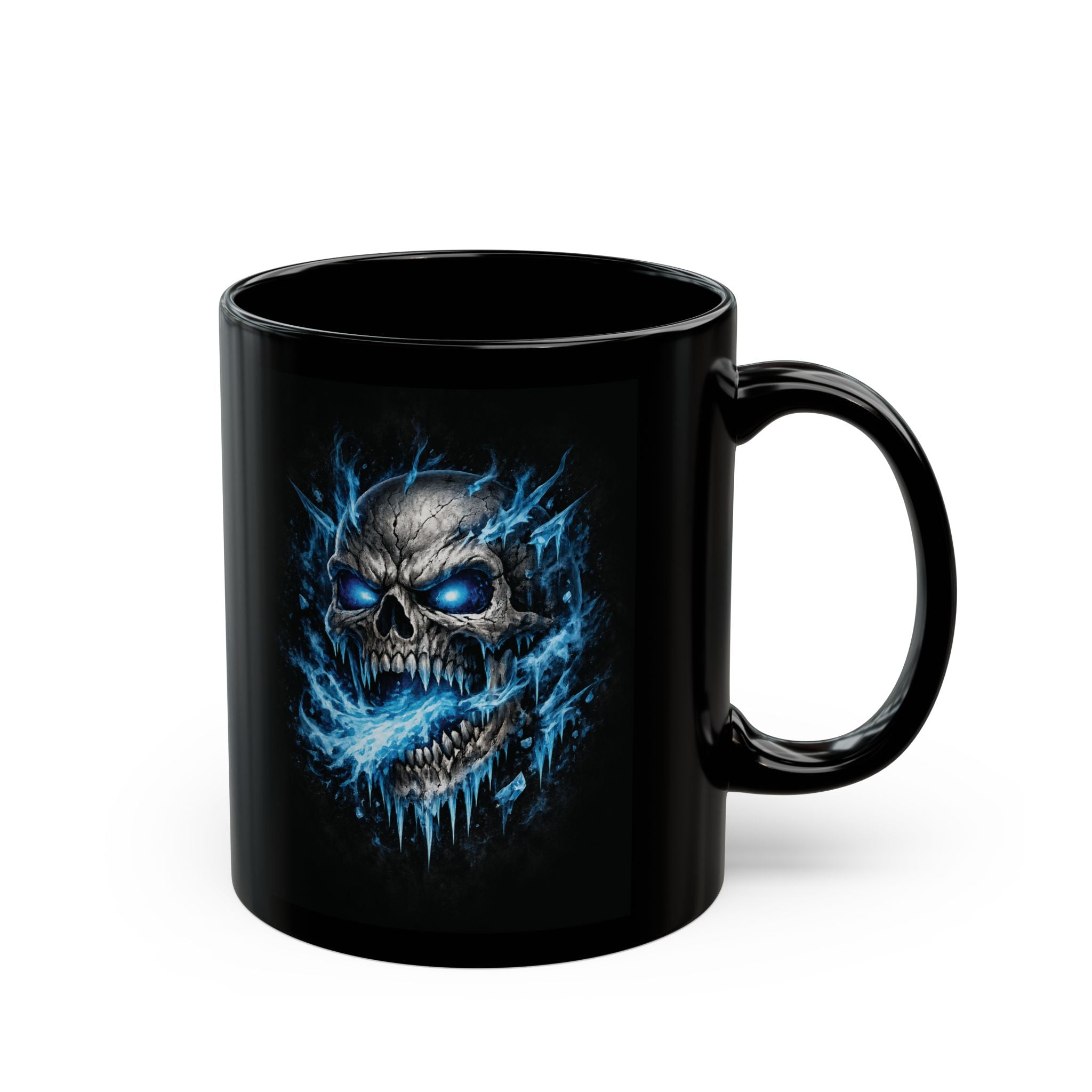 Blue Flame Skull Black Mug — Gothic Coffee Cup for Bikers, Metalheads & Halloween (11oz/15oz)