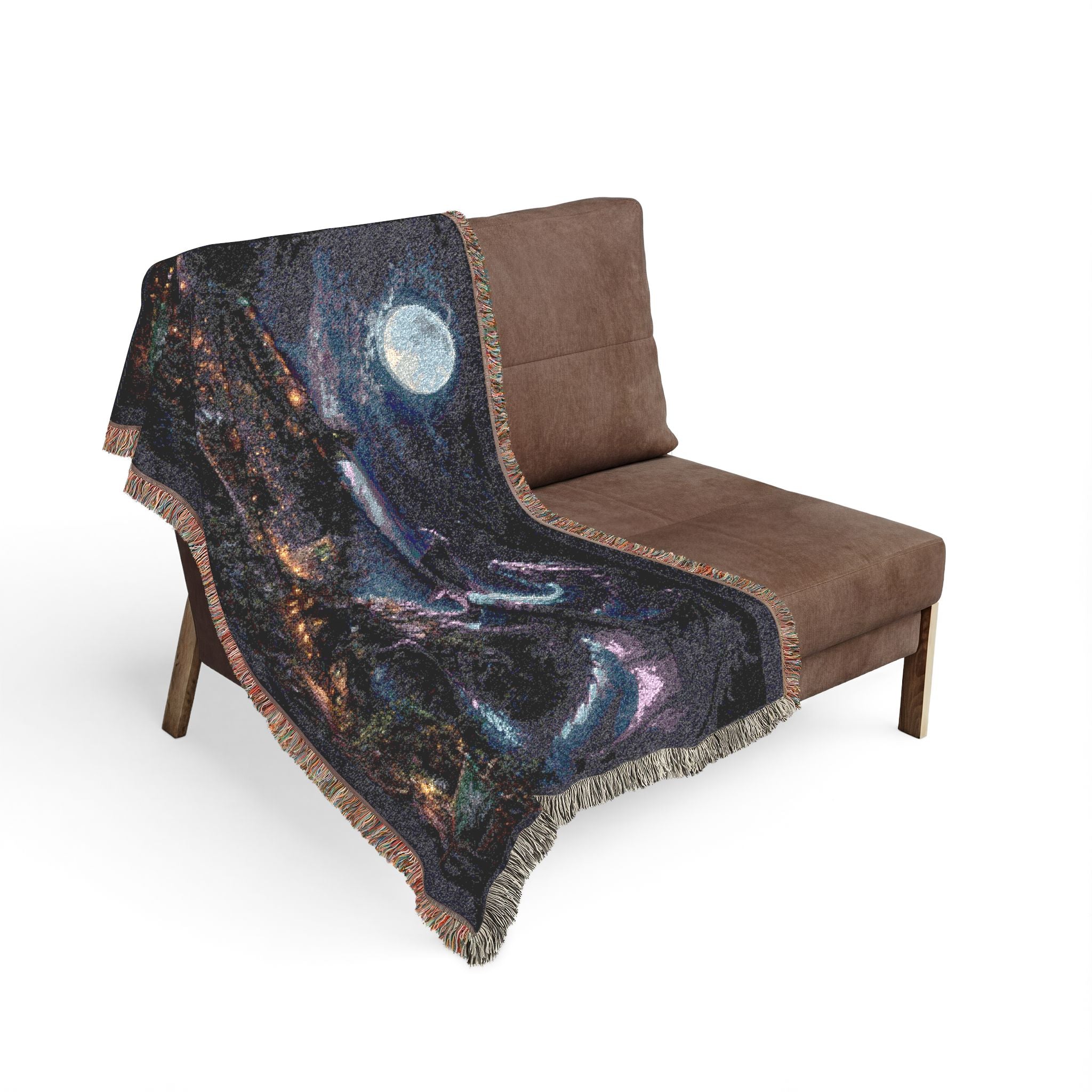 Dragon Night Woven Blanket — Mystical Moonlit Cityscape Throw
