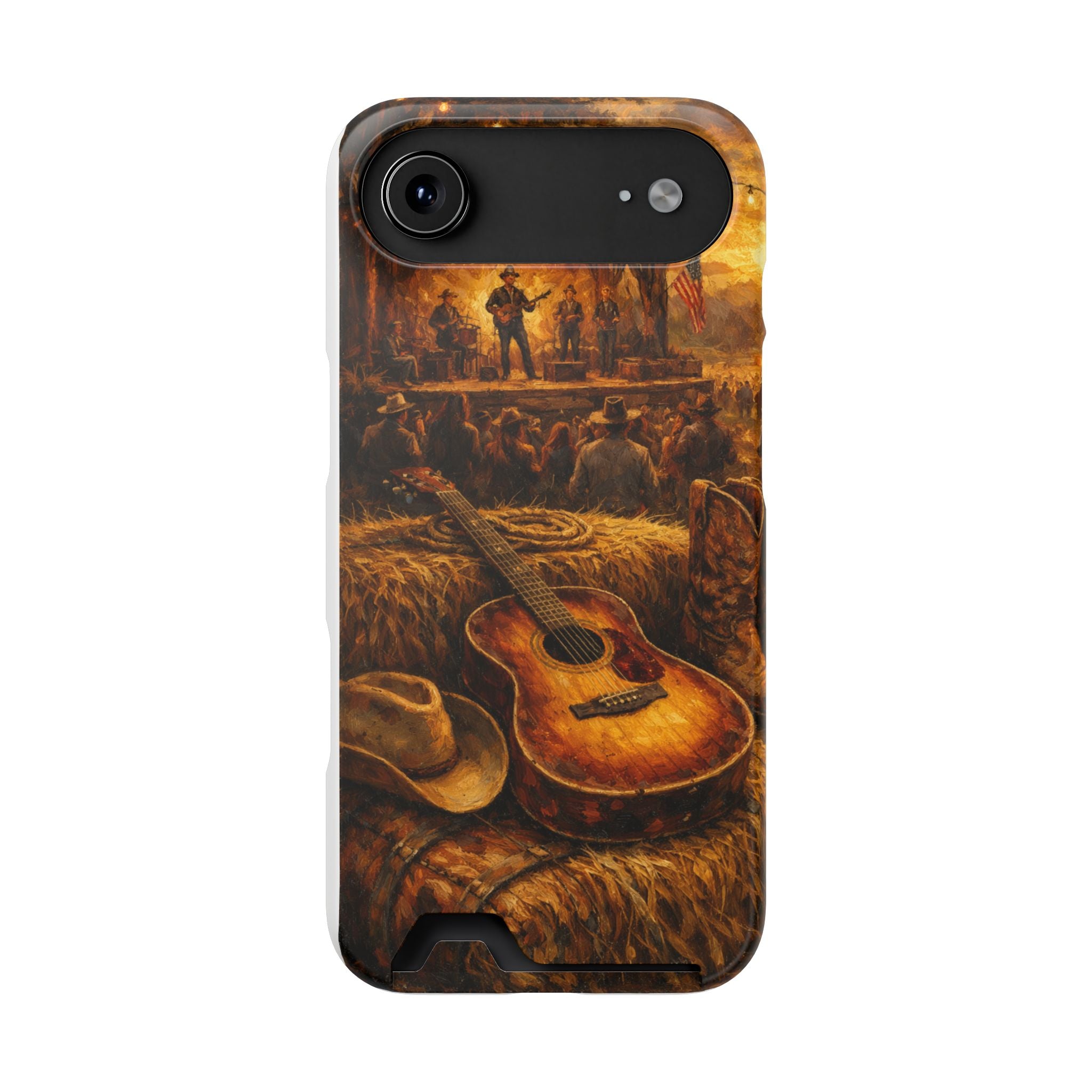 Country Music Guitar Phone Case with Card Holder — Rustic Concert Scene