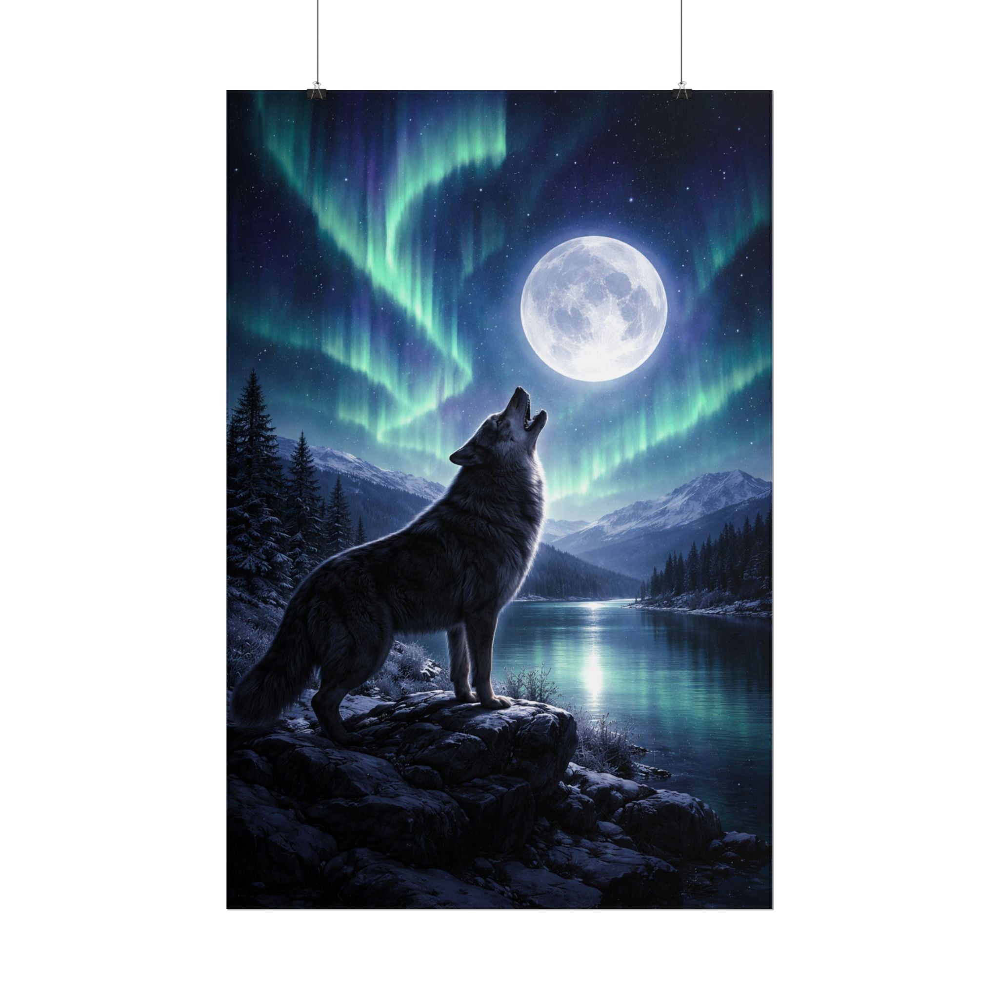 Wolf Howl Moon Poster – Northern Lights Landscape Wall Art