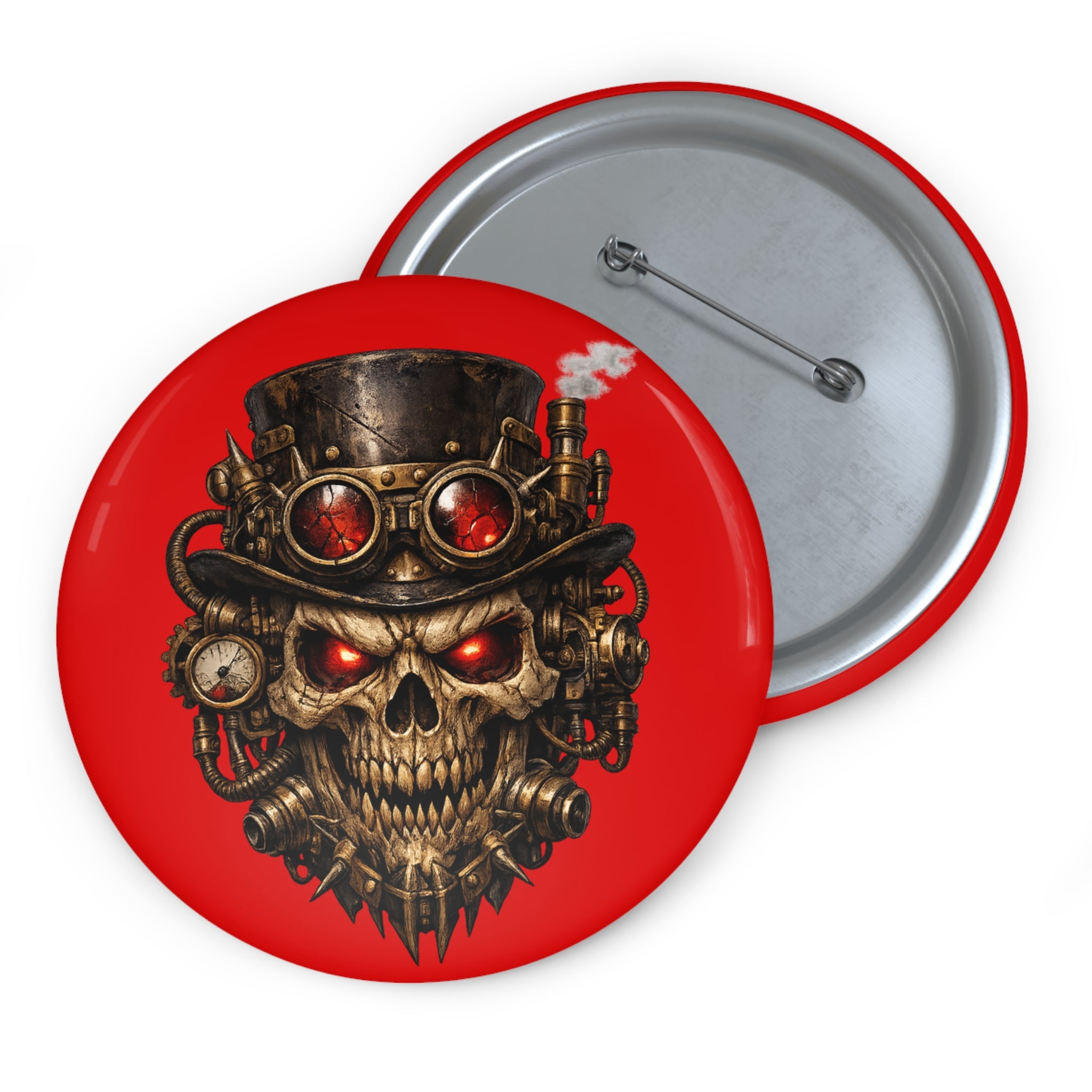 Skull Steampunk Pin Button — Red Gothic Skull Badge