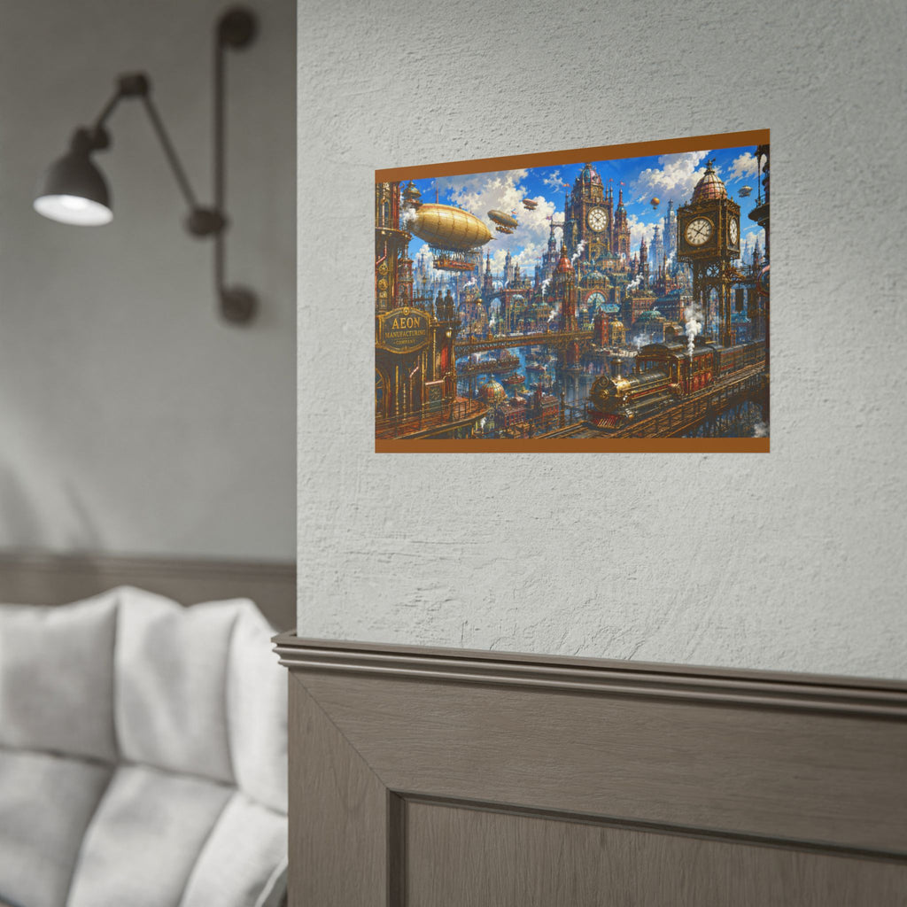 Steampunk Cityscape Poster — Vintage Airships & Clocktower Rolled Art Print