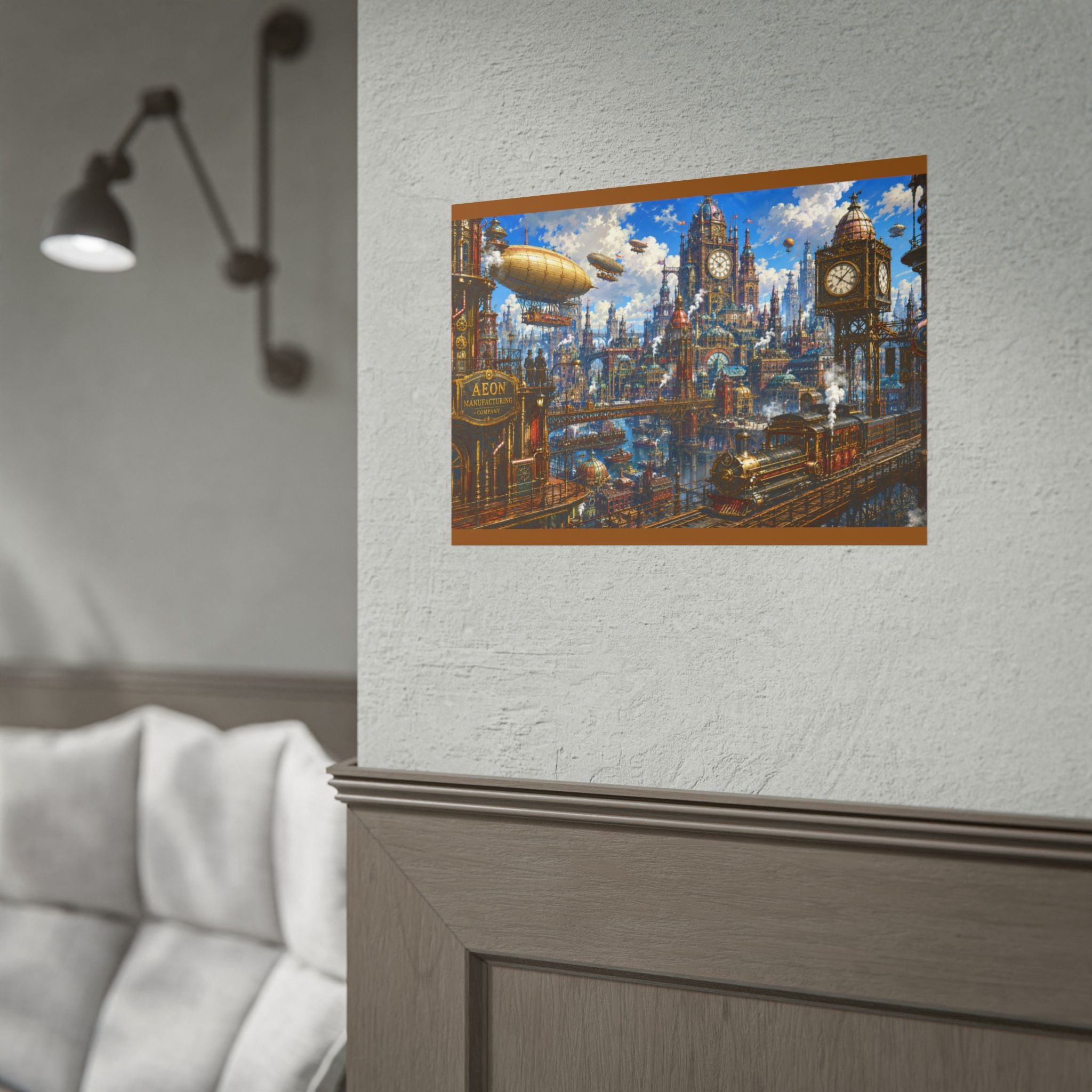 Steampunk Cityscape Poster — Vintage Airships & Clocktower Rolled Art Print