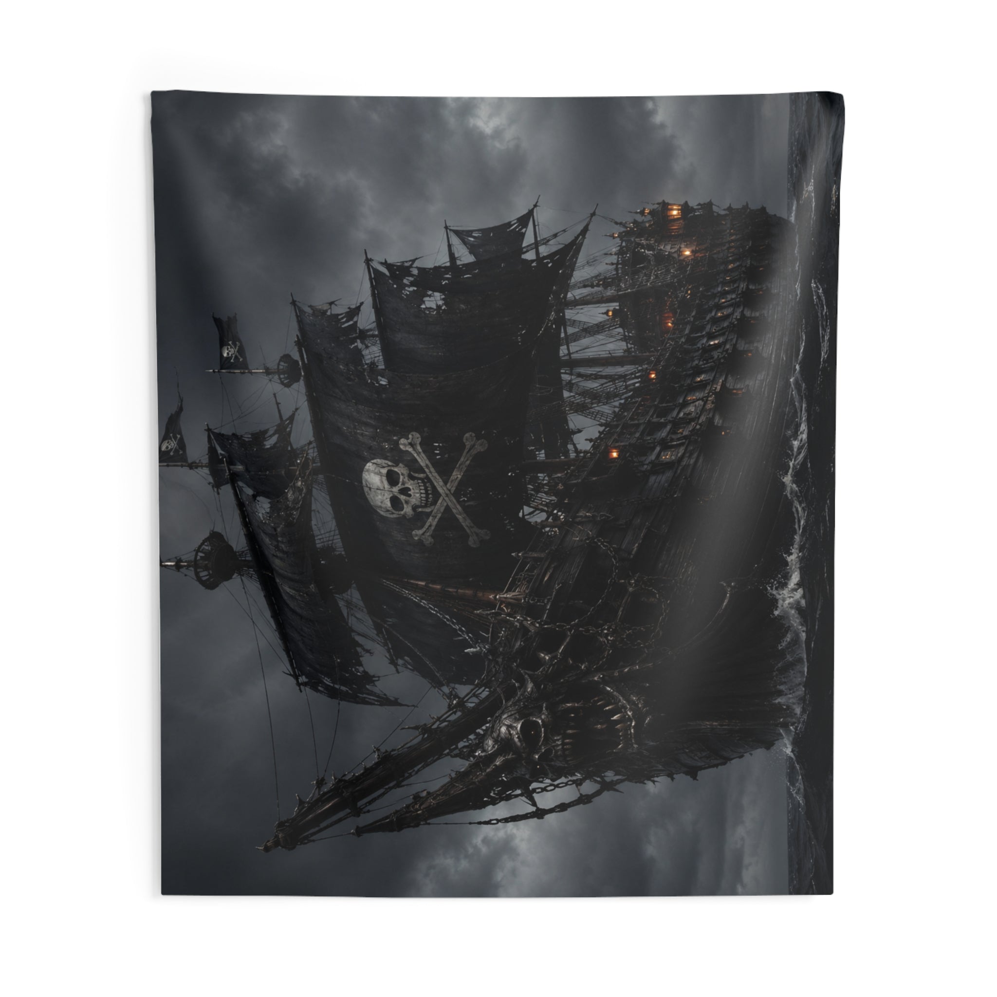 Pirate Ghost Ship Wall Tapestry — Dark Skull & Crossbones Nautical Decor
