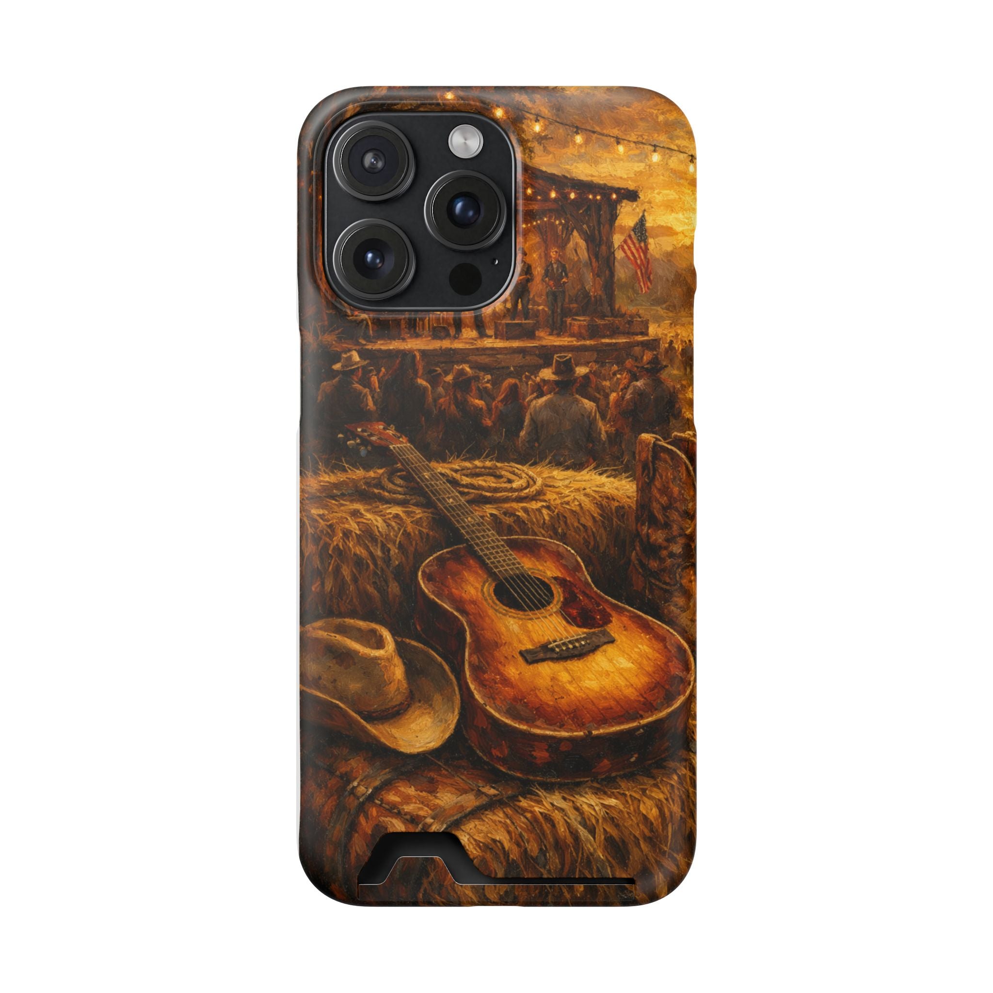 Country Music Guitar Phone Case with Card Holder — Rustic Concert Scene