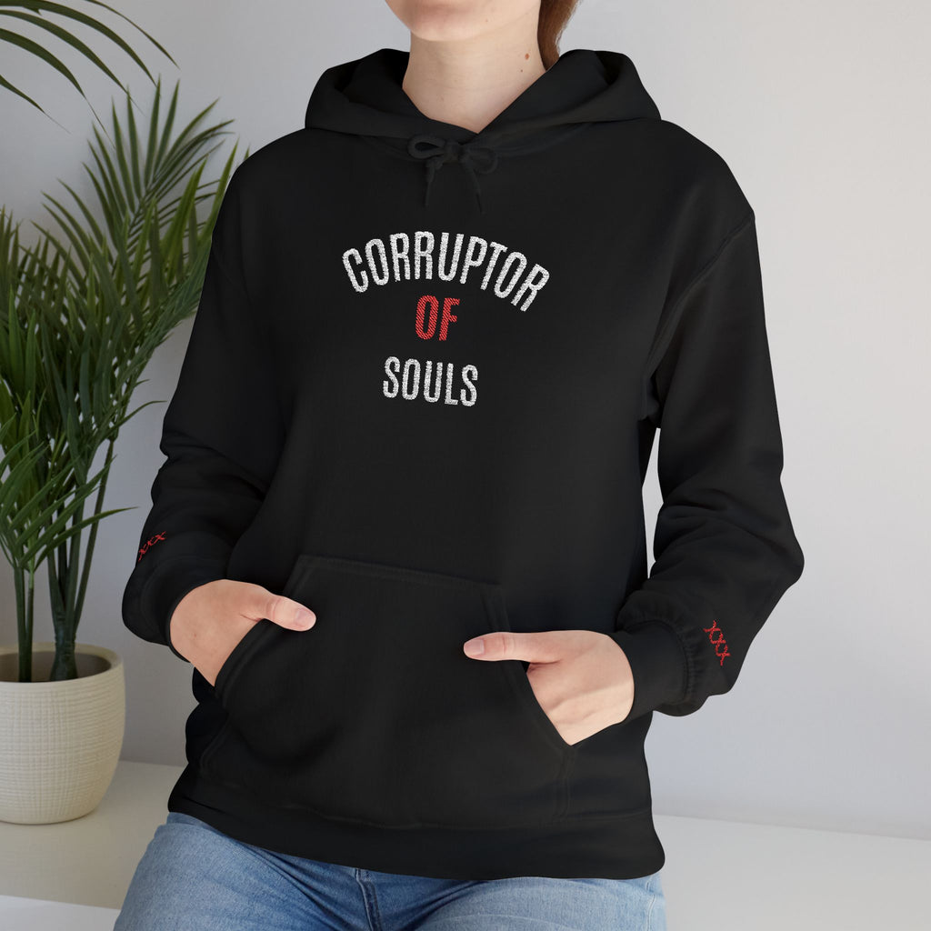 Corruptor of Souls Hoodie — Gothic Black Embroidered Pullover with Red Accent